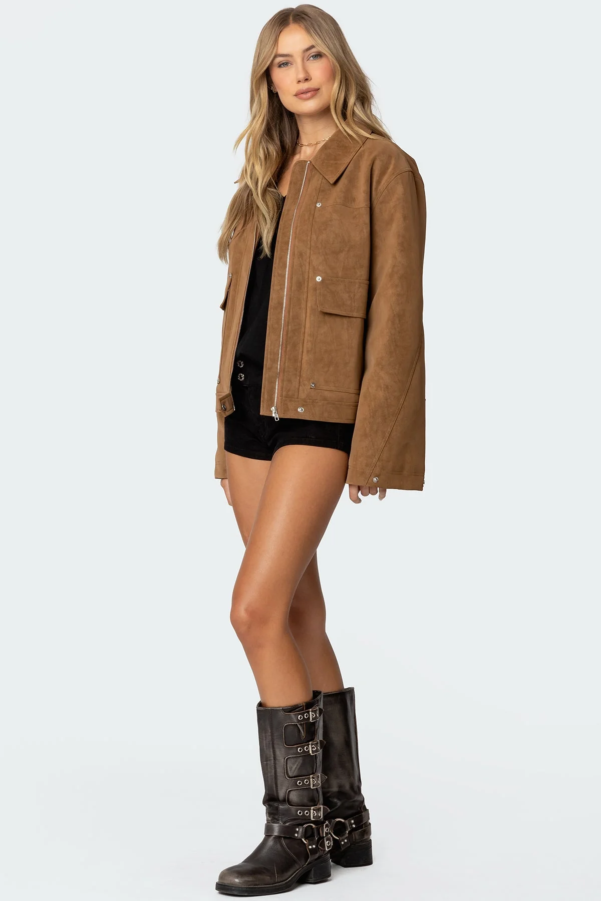 Oversized Faux Suede Jacket - Brown Collared Zip-Up Style