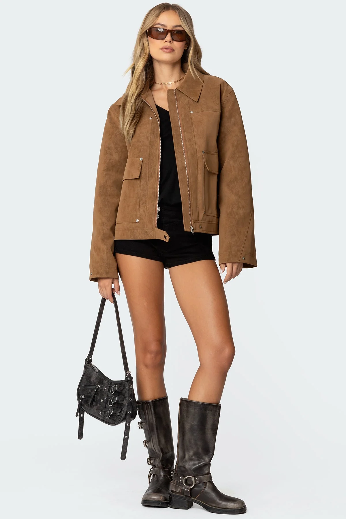 Oversized Faux Suede Jacket - Brown Collared Zip-Up Style