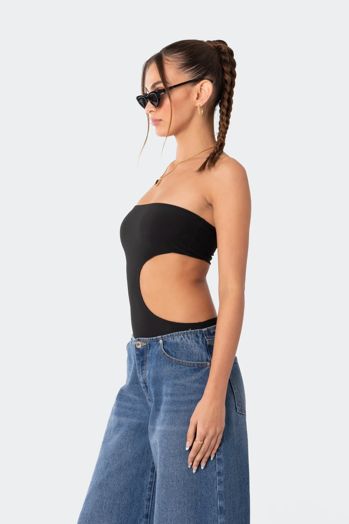Ribbed Cut Out Bodysuit in Black XS-S-L Sizes