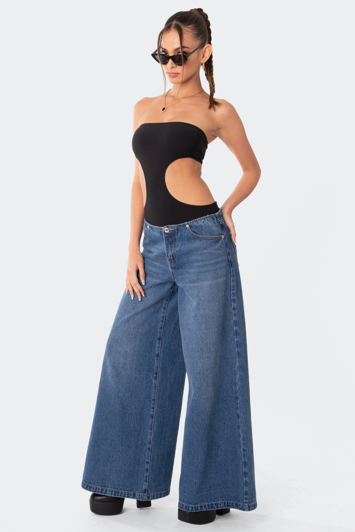 Ribbed Cut Out Bodysuit in Black XS-S-L Sizes