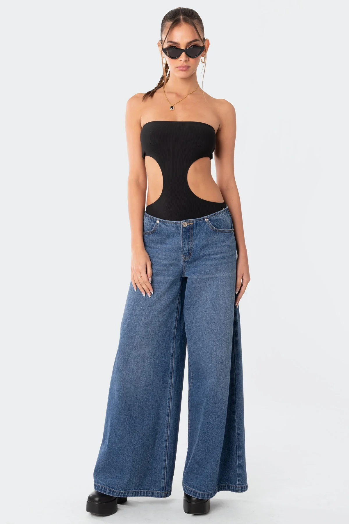 Ribbed Cut Out Bodysuit in Black XS-S-L Sizes