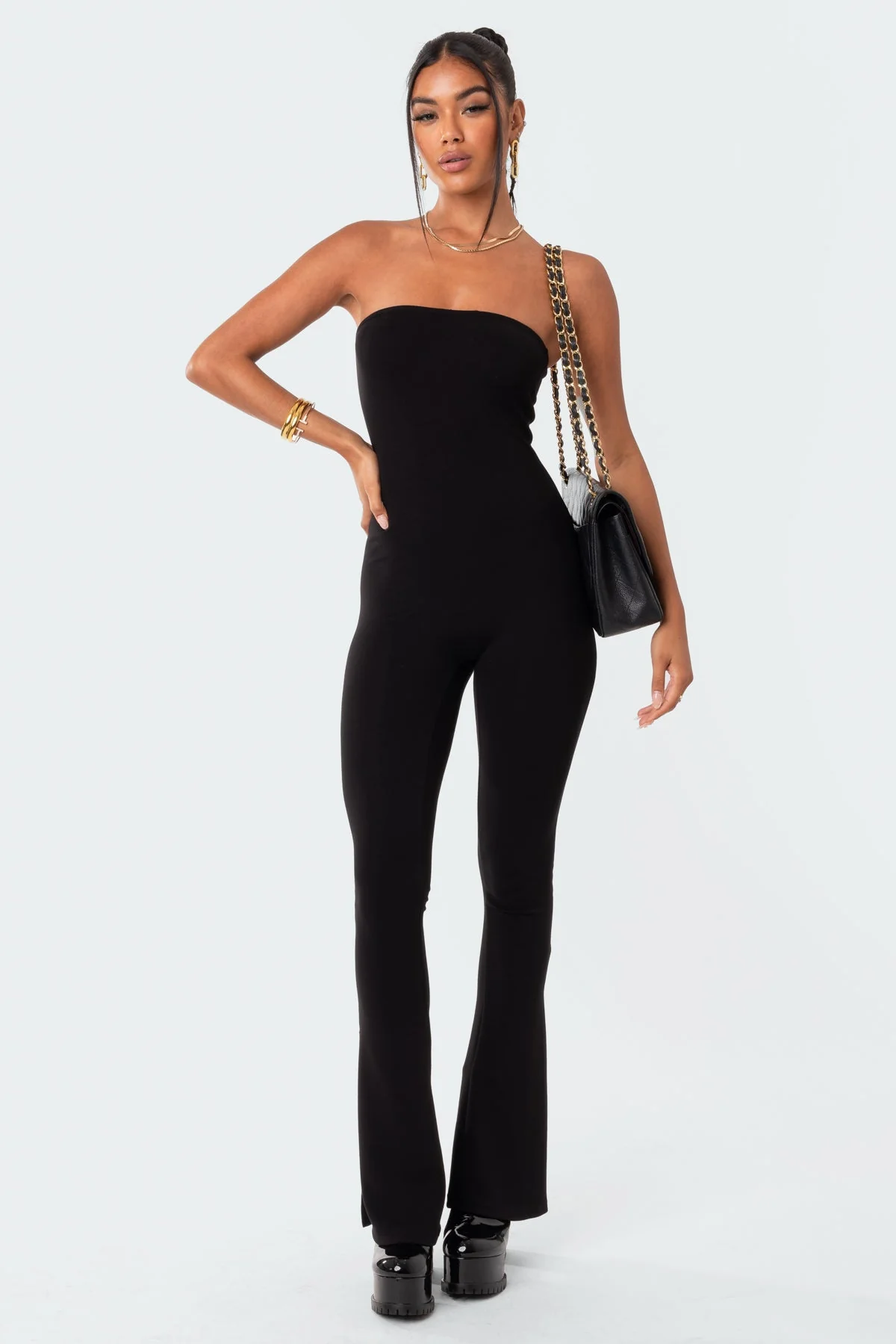 Black Strapless Flared Jumpsuit with Side Slits