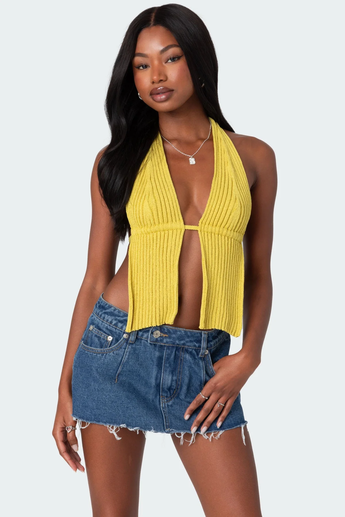 Green Ribbed Knit Halter Neck Top