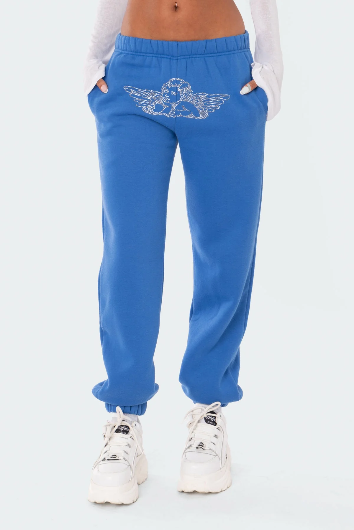 Blue Rhinestone Embellished Joggers - Elastic Waistband, Pockets