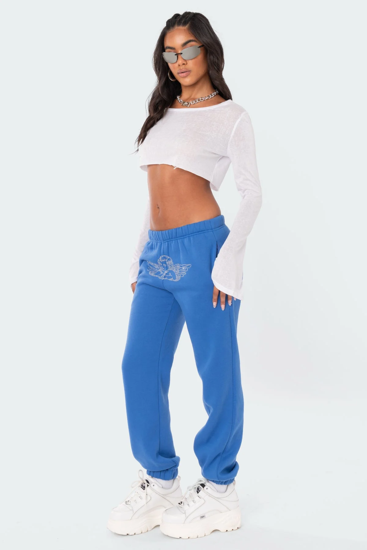 Blue Rhinestone Embellished Joggers - Elastic Waistband, Pockets