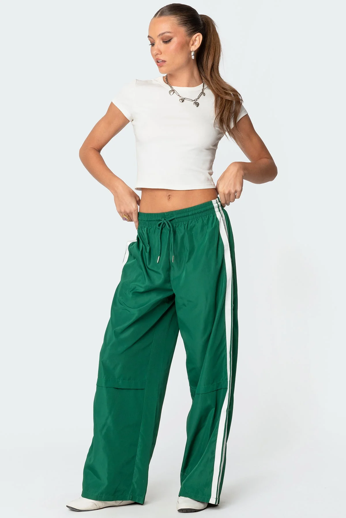 Green Nylon Track Pants with Stripe Detail