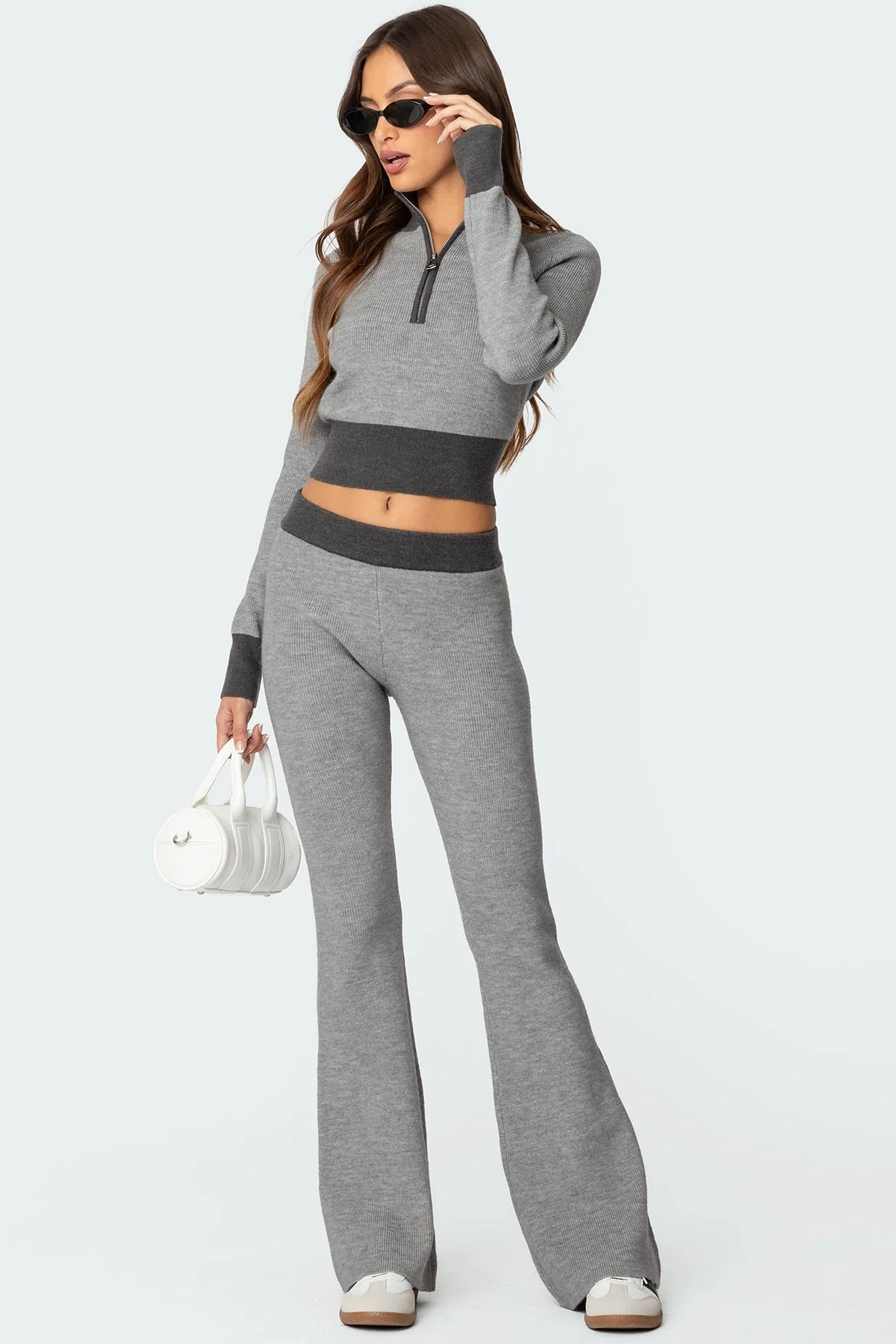 Gray Knit Flared Pants Set