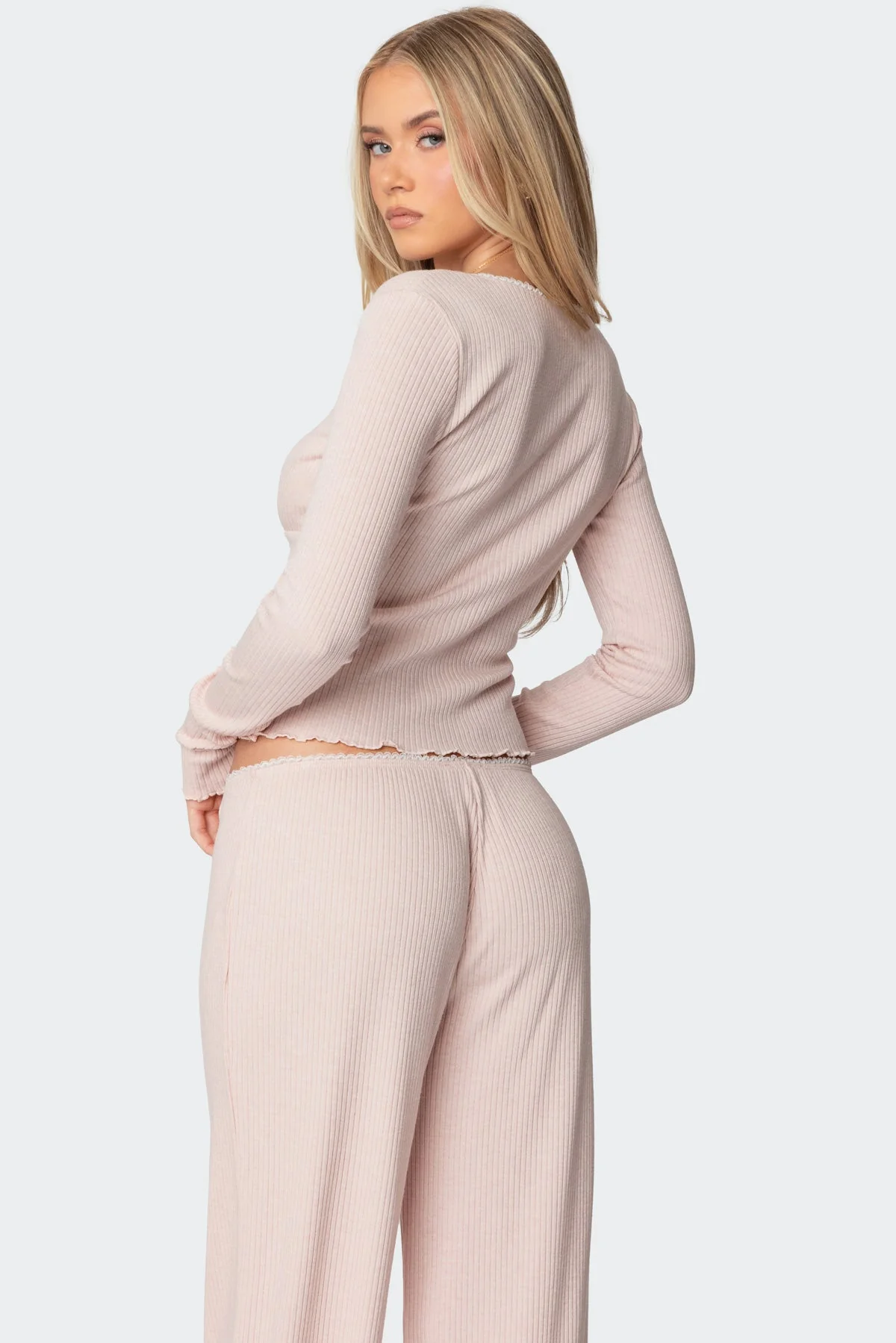 Light Pink Ribbed V Neck Sleepwear Top