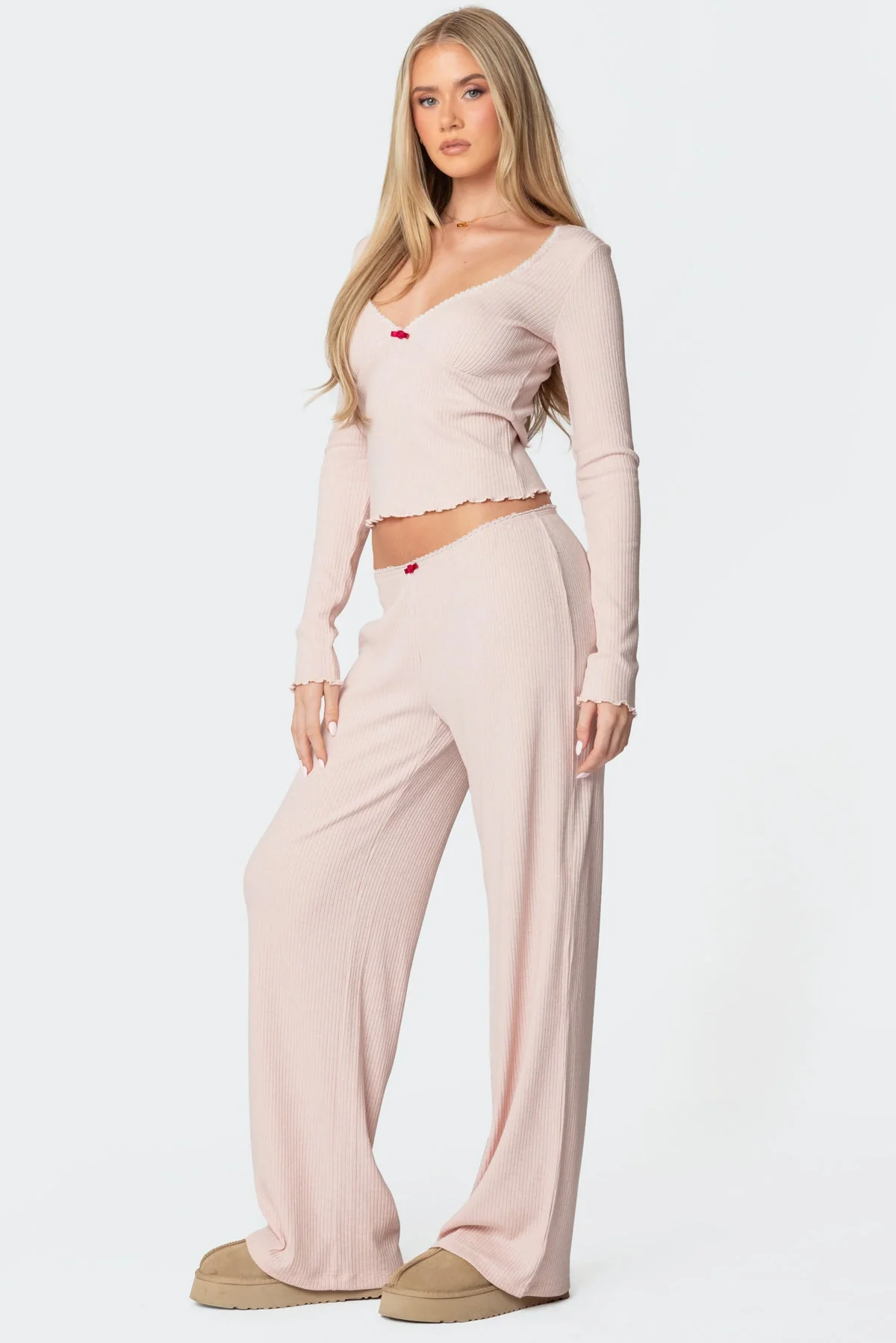 Light Pink Ribbed V Neck Sleepwear Top