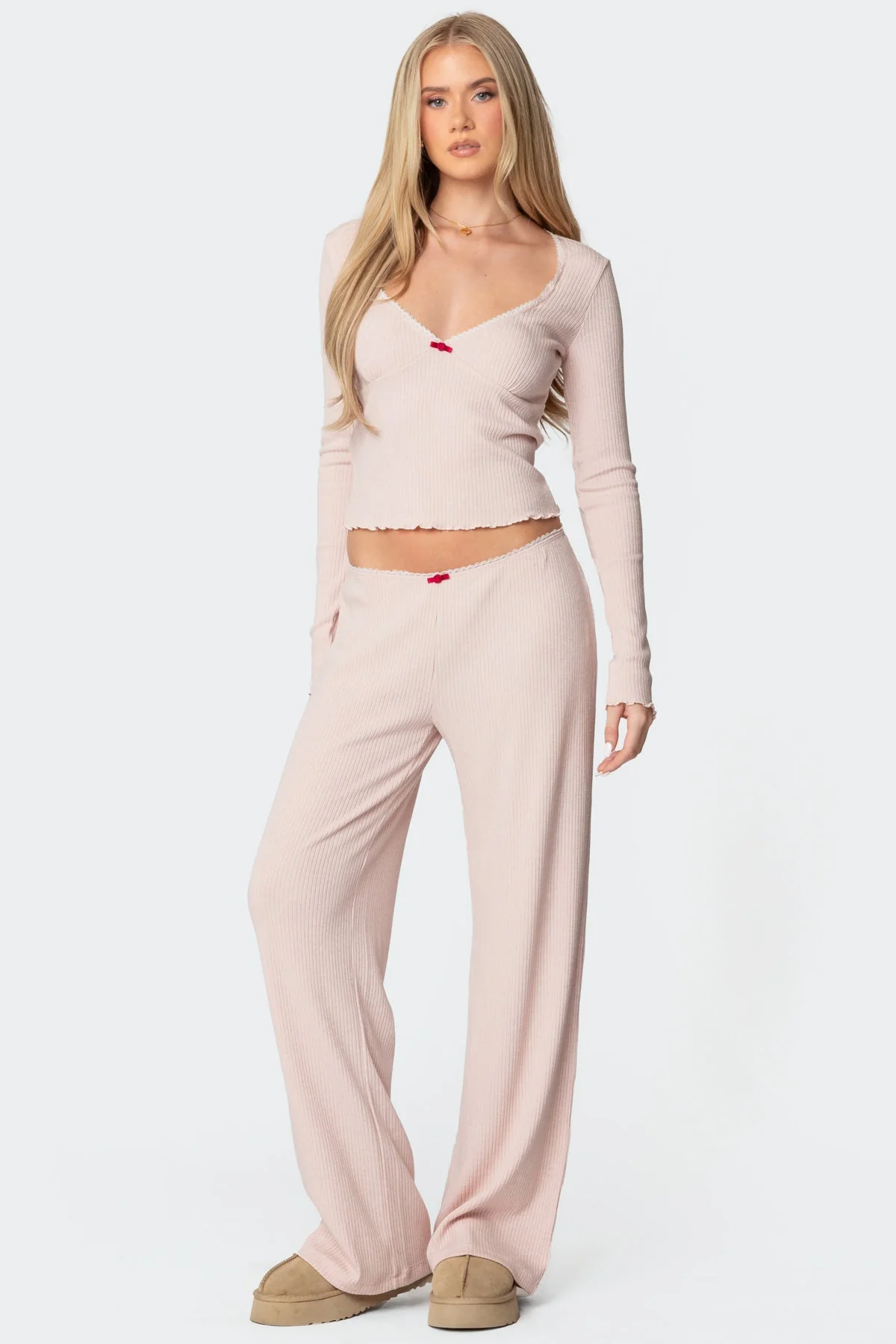 Light Pink Ribbed V Neck Sleepwear Top