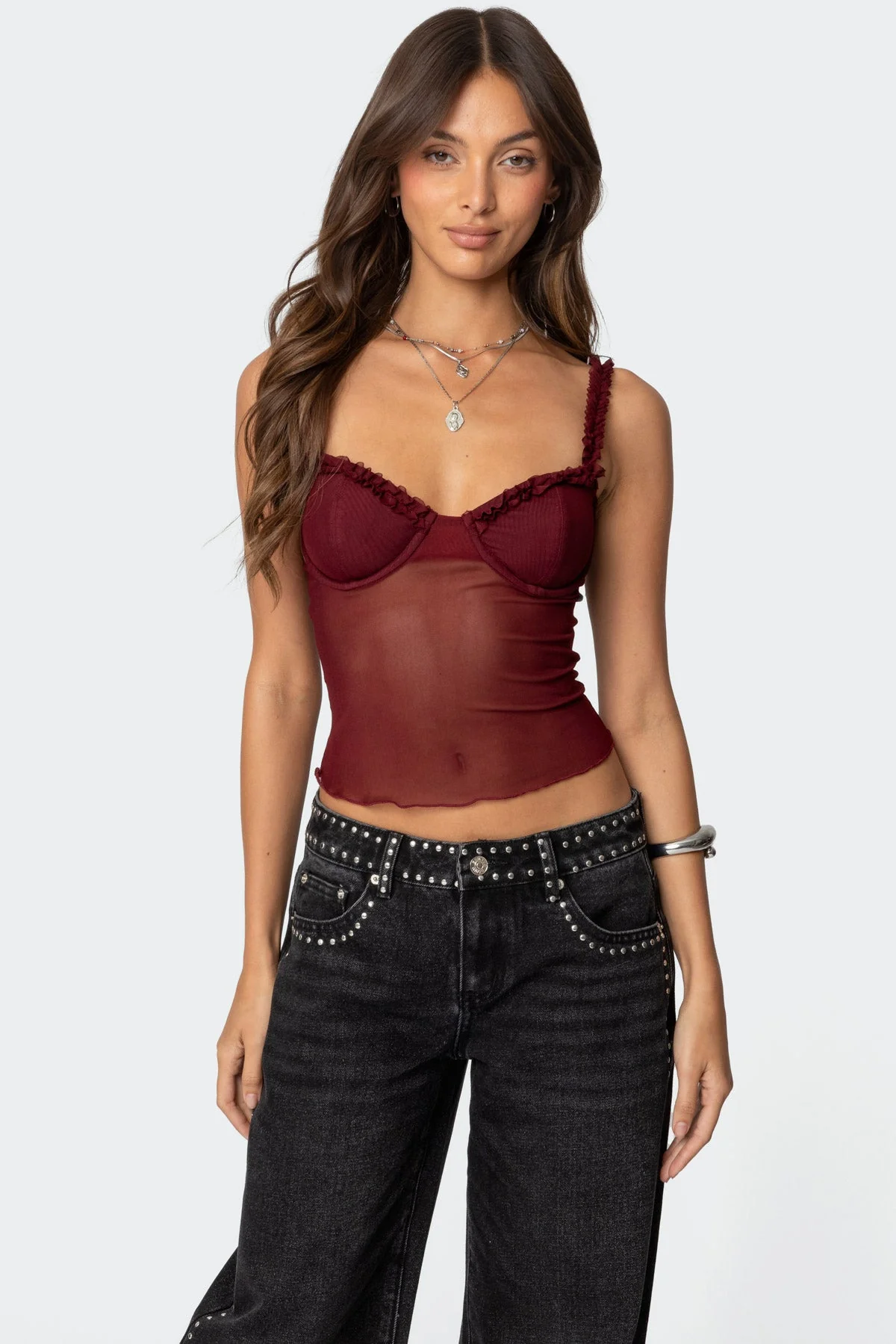 Burgundy Sheer Mesh Corset Bra
