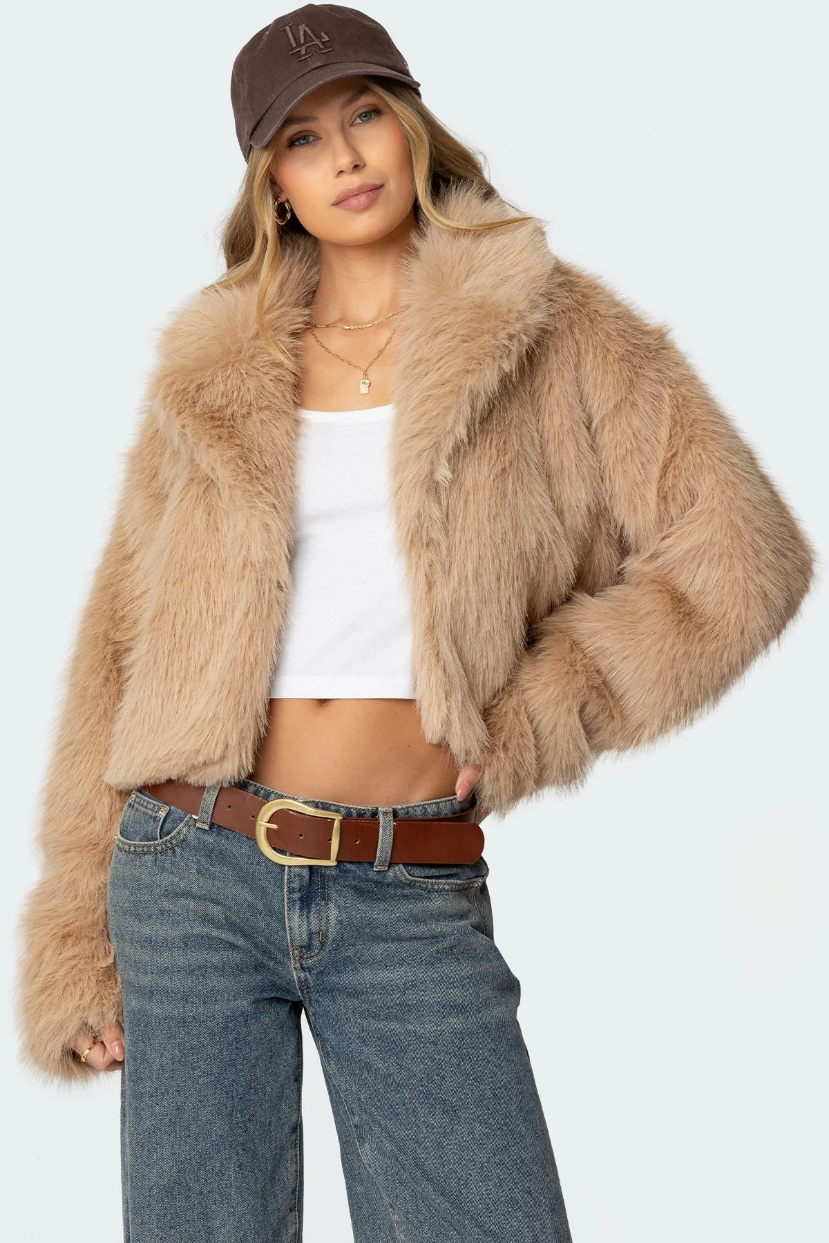 Faux Fur Collared Oversize Jacket in Camel