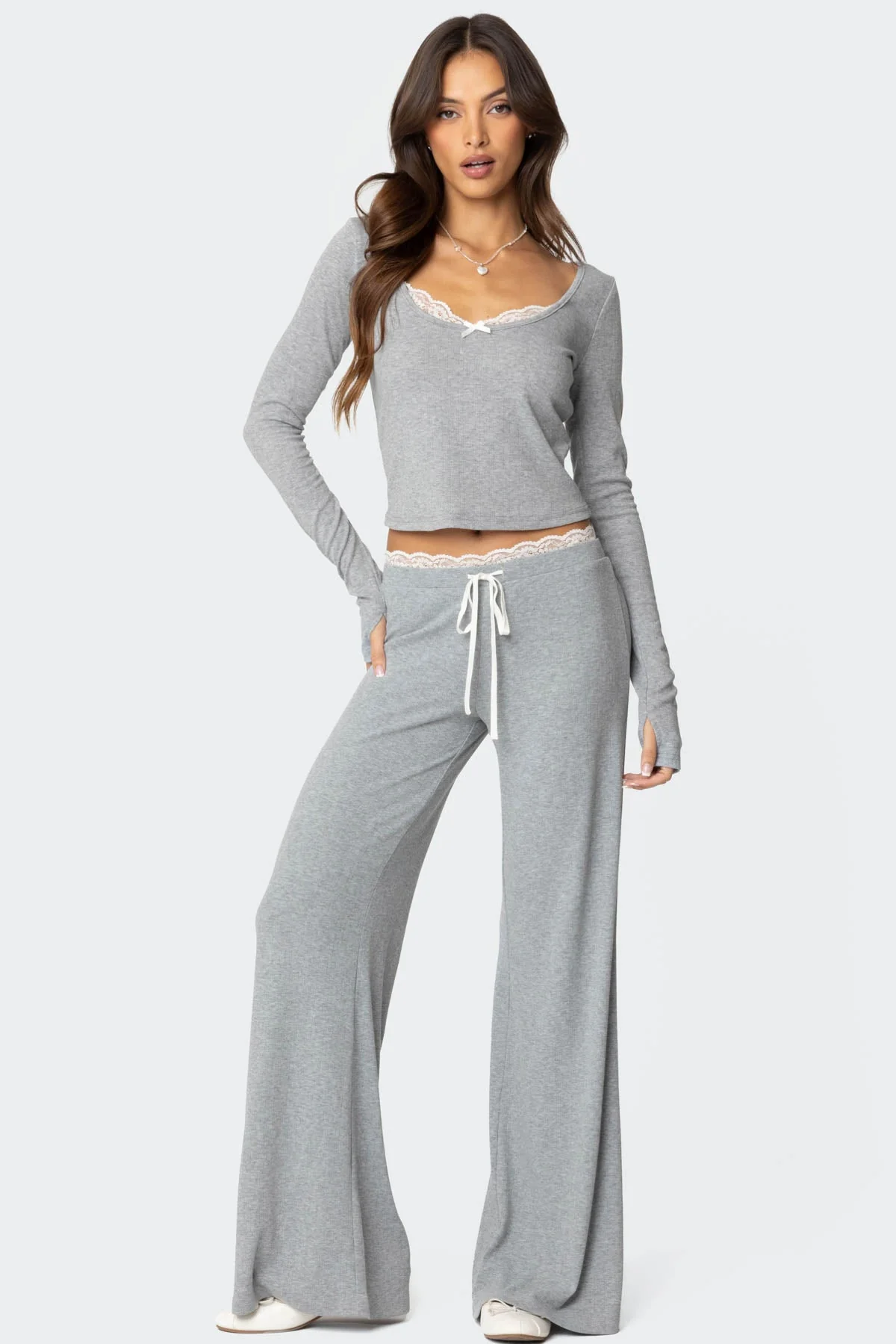 Lace Peekaboo Long Sleeve Top in Gray Melange