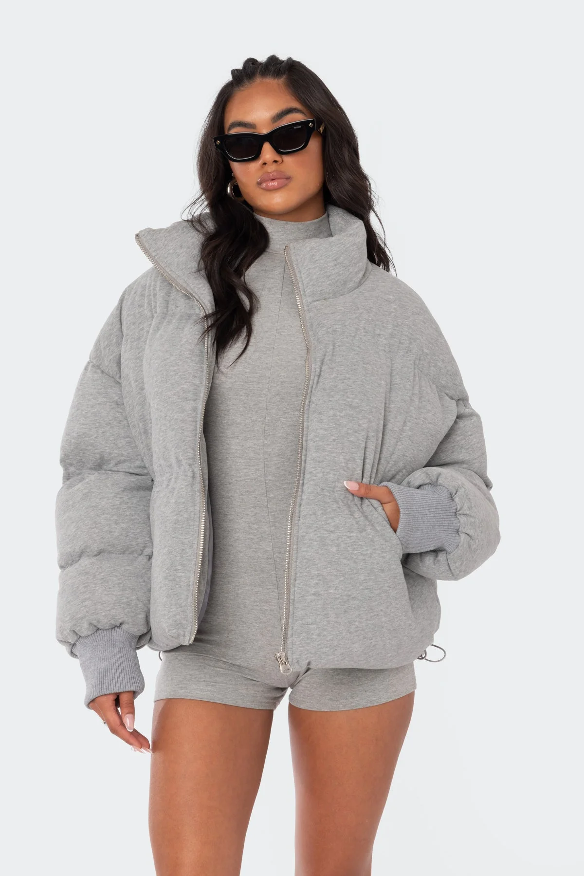 Gray Melange Puffer Jacket Women Zip Closure