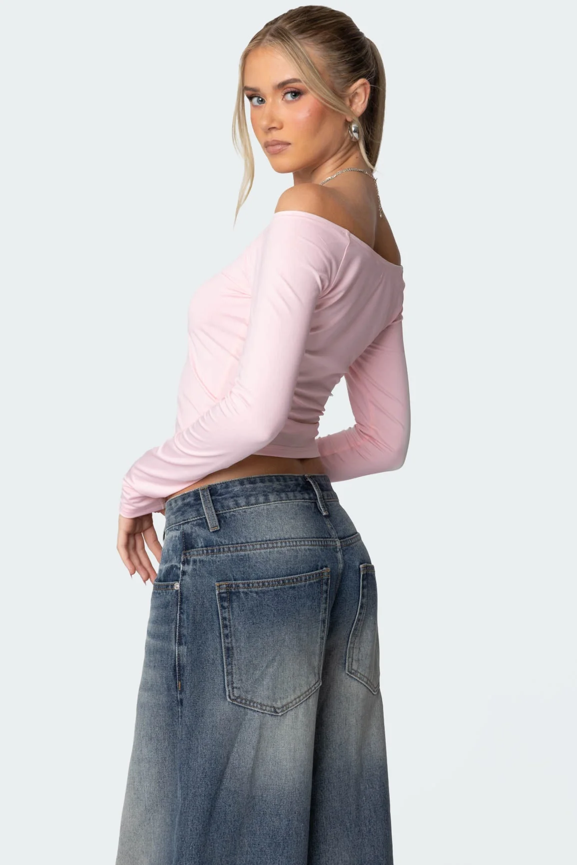 Pink Cotton Off Shoulder Top for Women