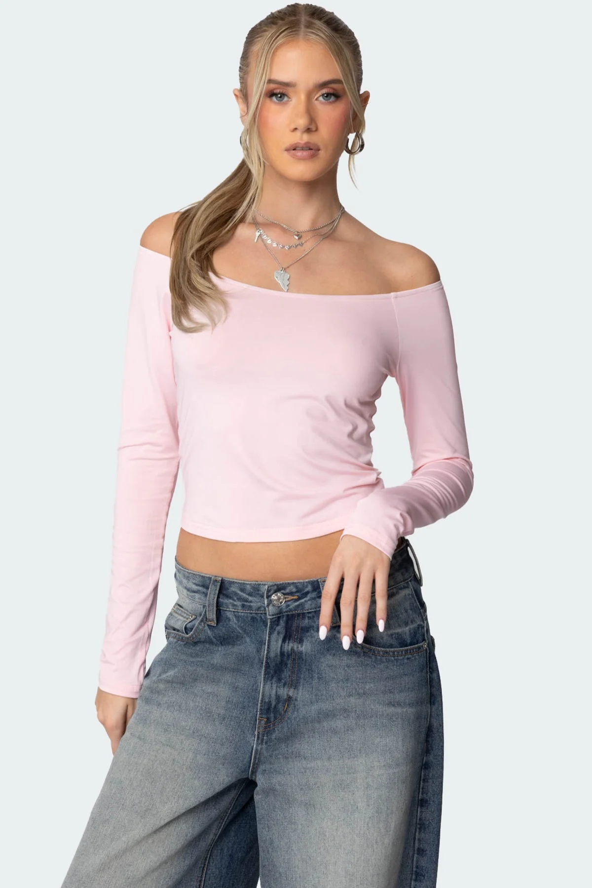 Pink Cotton Off Shoulder Top for Women