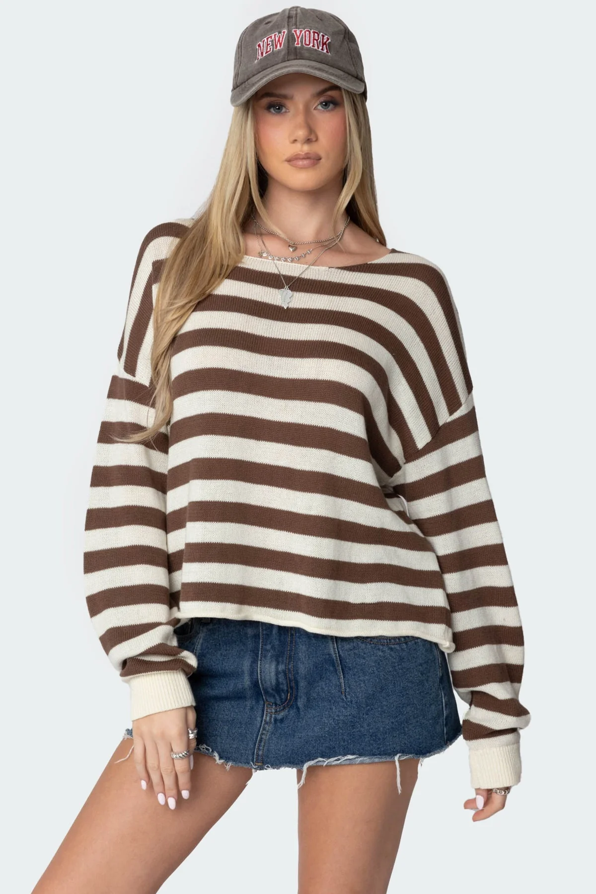 Oversized Brown and Cream Striped Sweater - Knit Cotton Polyester