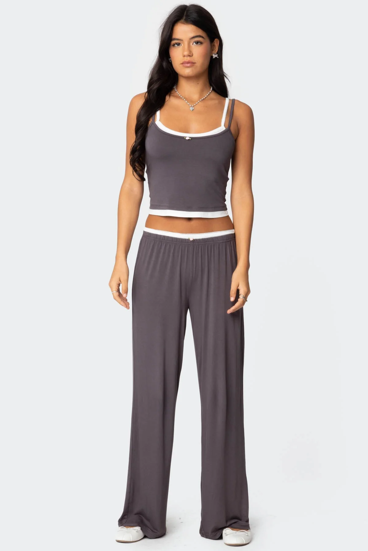 Layered Gray Sleepwear Pants Women Elastic Waistband