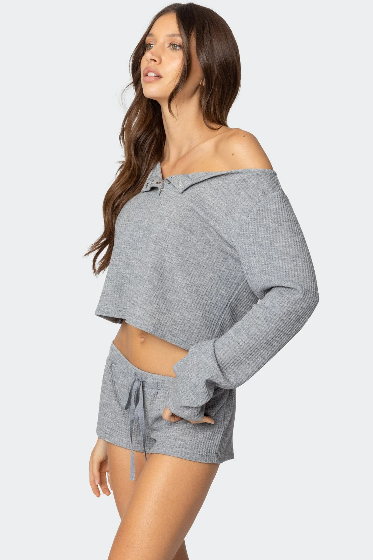 Cozy Teddy Waffle Knit Cropped Top in Gray Melange