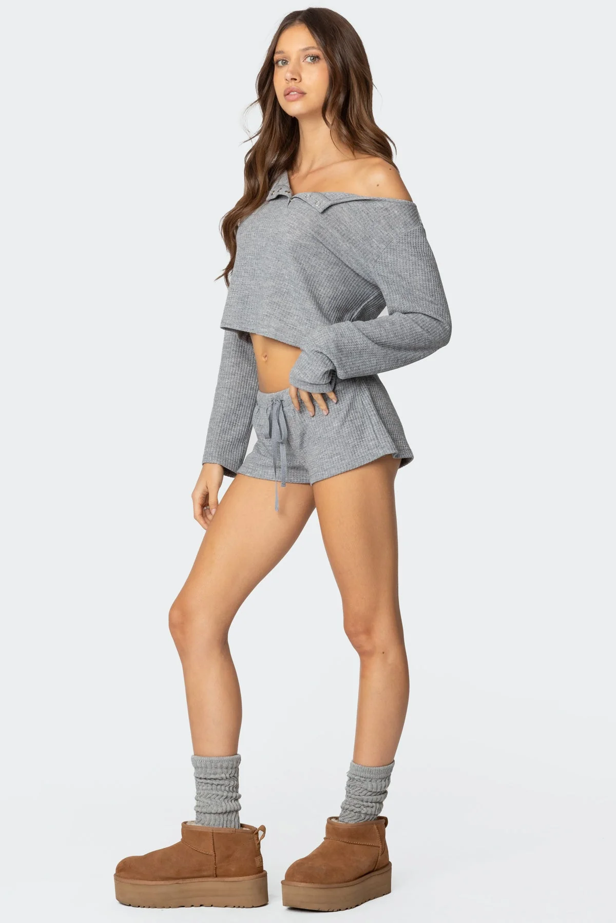 Cozy Teddy Waffle Knit Cropped Top in Gray Melange