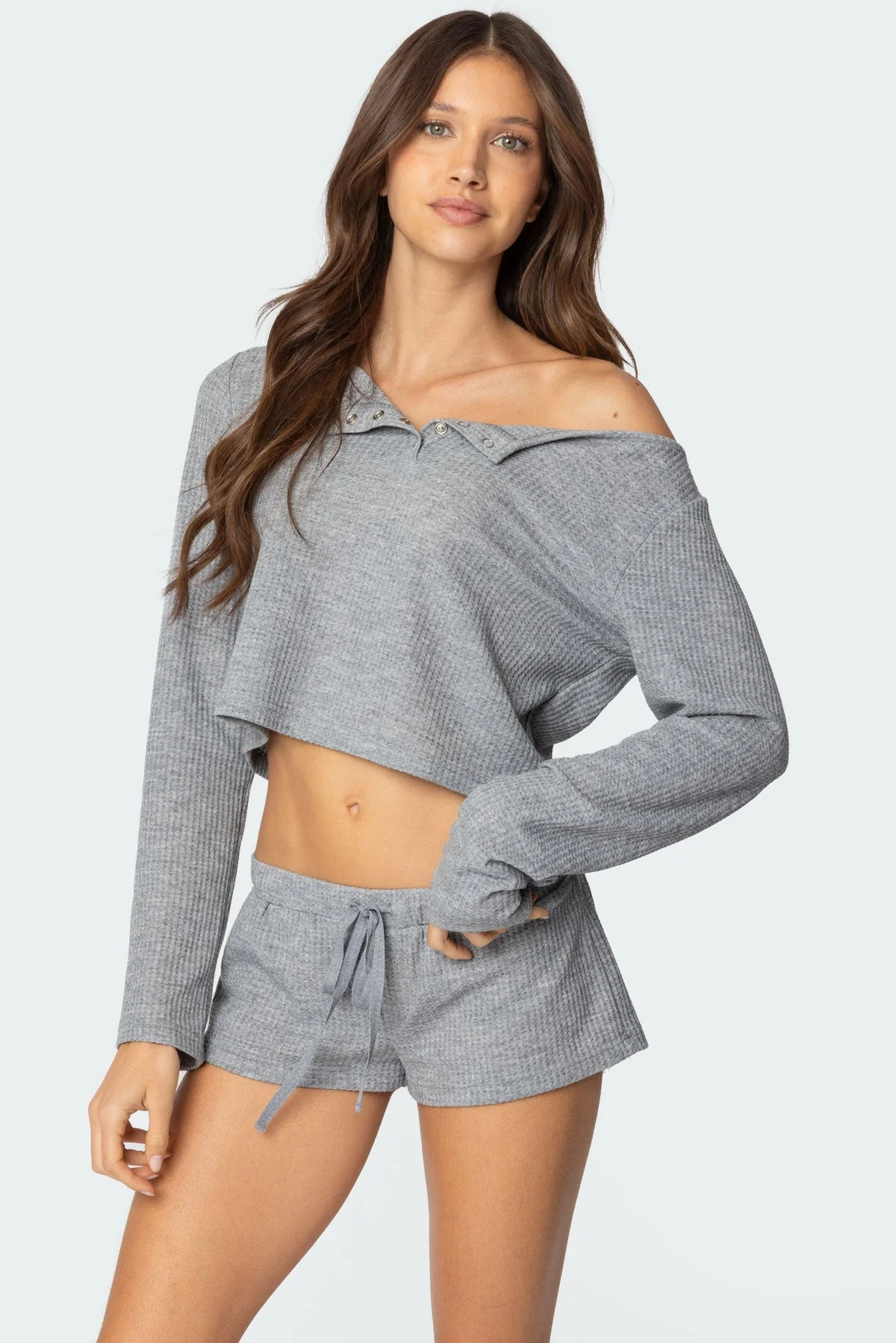 Cozy Teddy Waffle Knit Cropped Top in Gray Melange