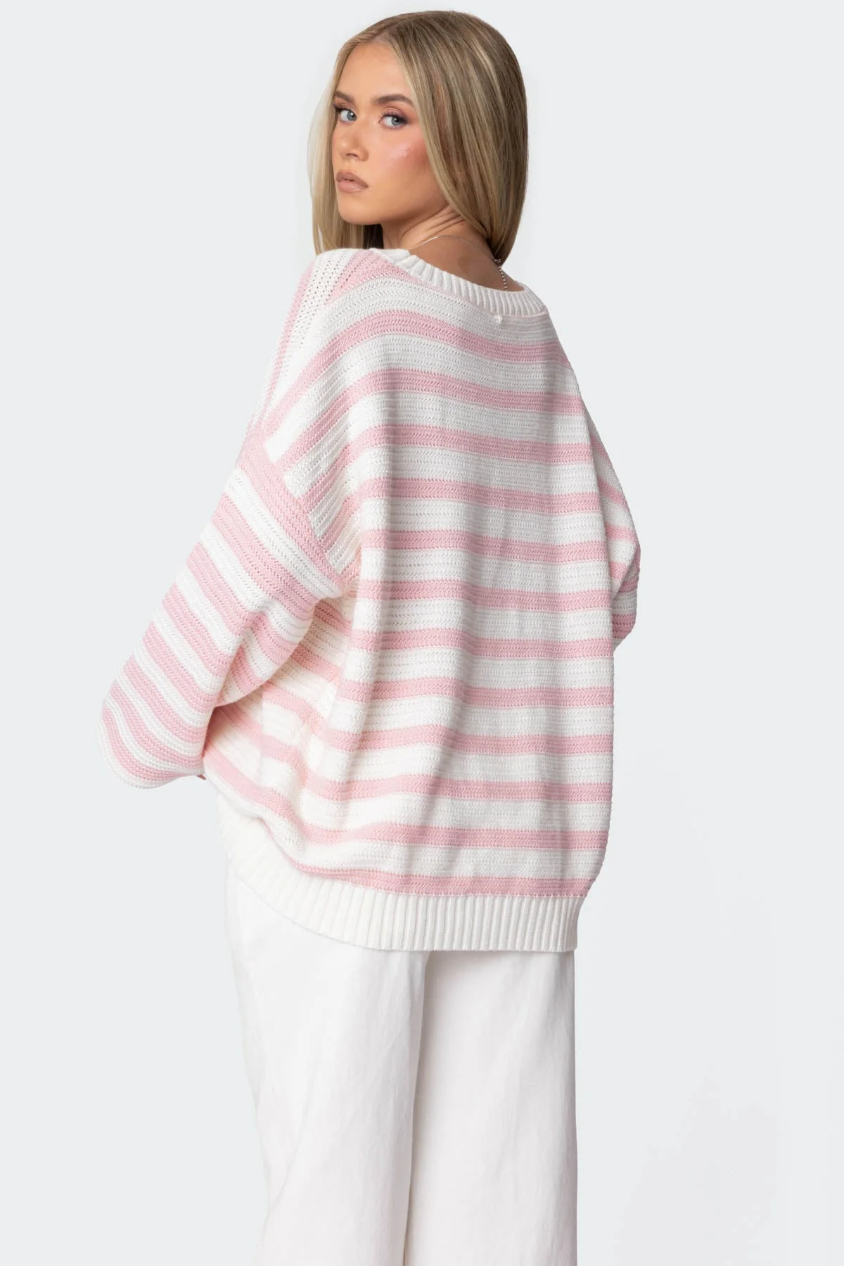 Chunky Knit Cotton Sweater in Light Pink and Cream
