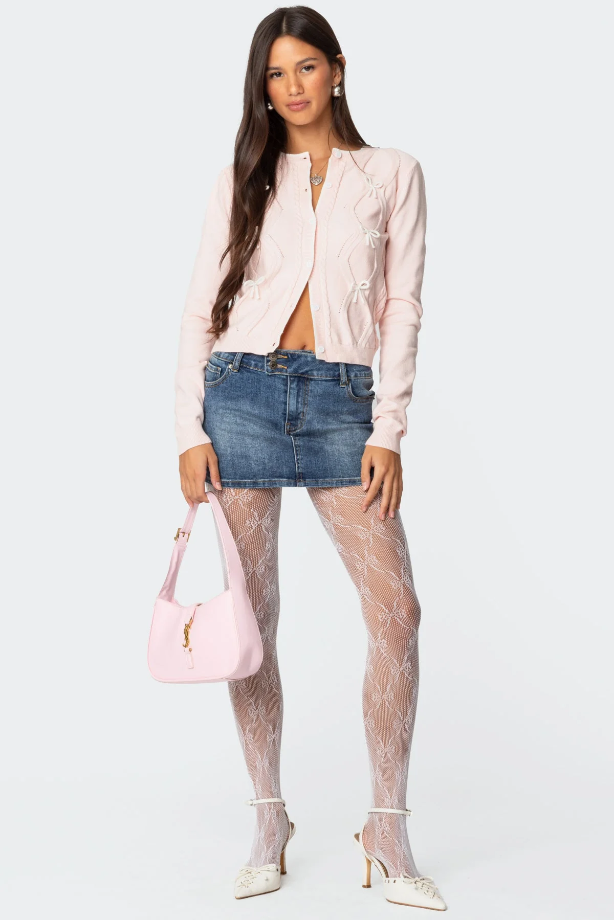 Light Pink Knit Bow Cardigan Womens Cable Knit Sweater