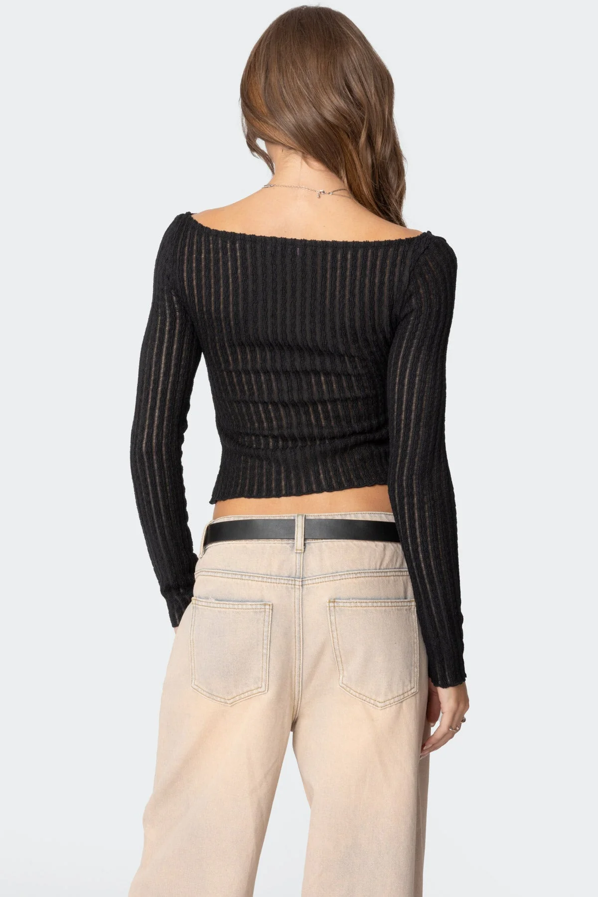 Sheer Textured Boat Neck Black Top