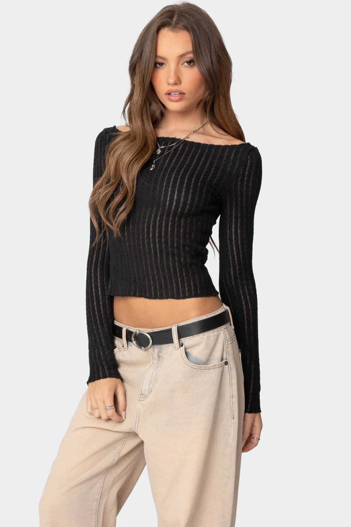 Sheer Textured Boat Neck Black Top