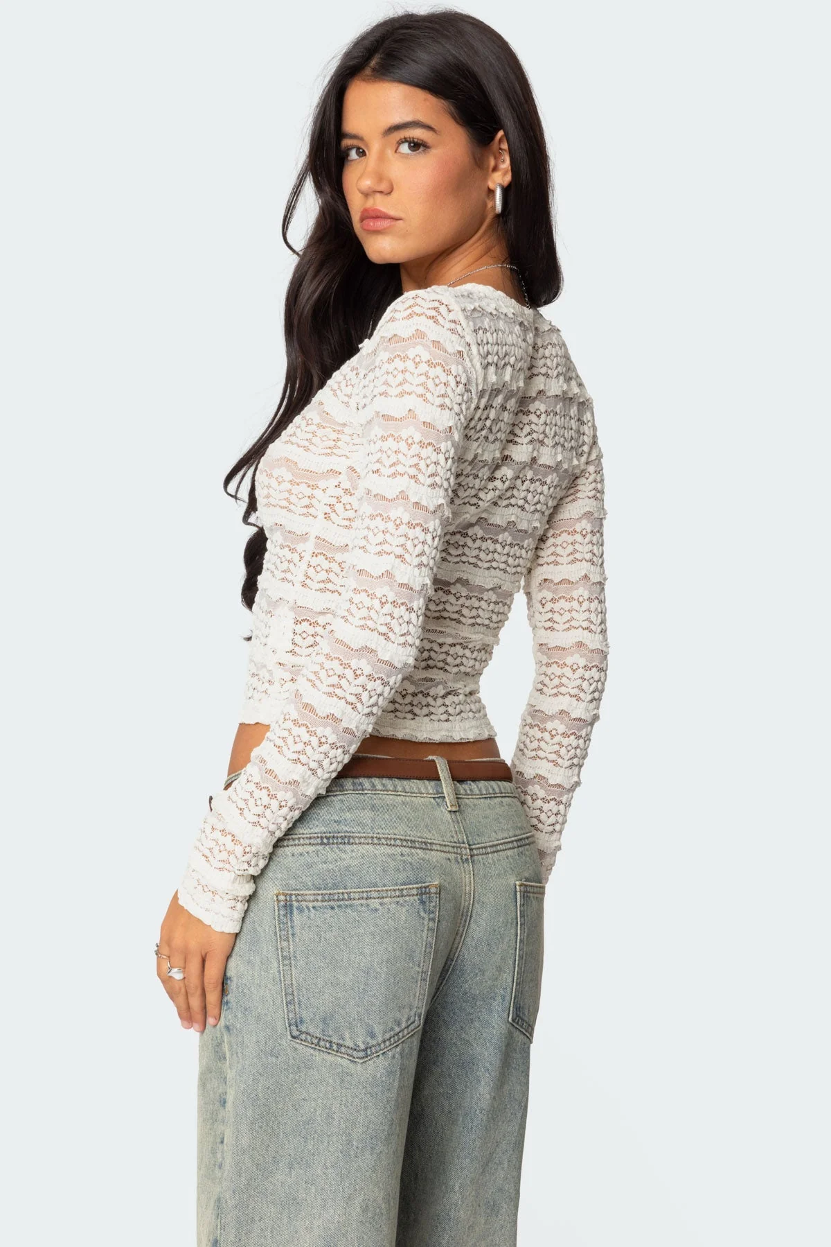 Textured Lace Sheer Top in Cream, Long Sleeve