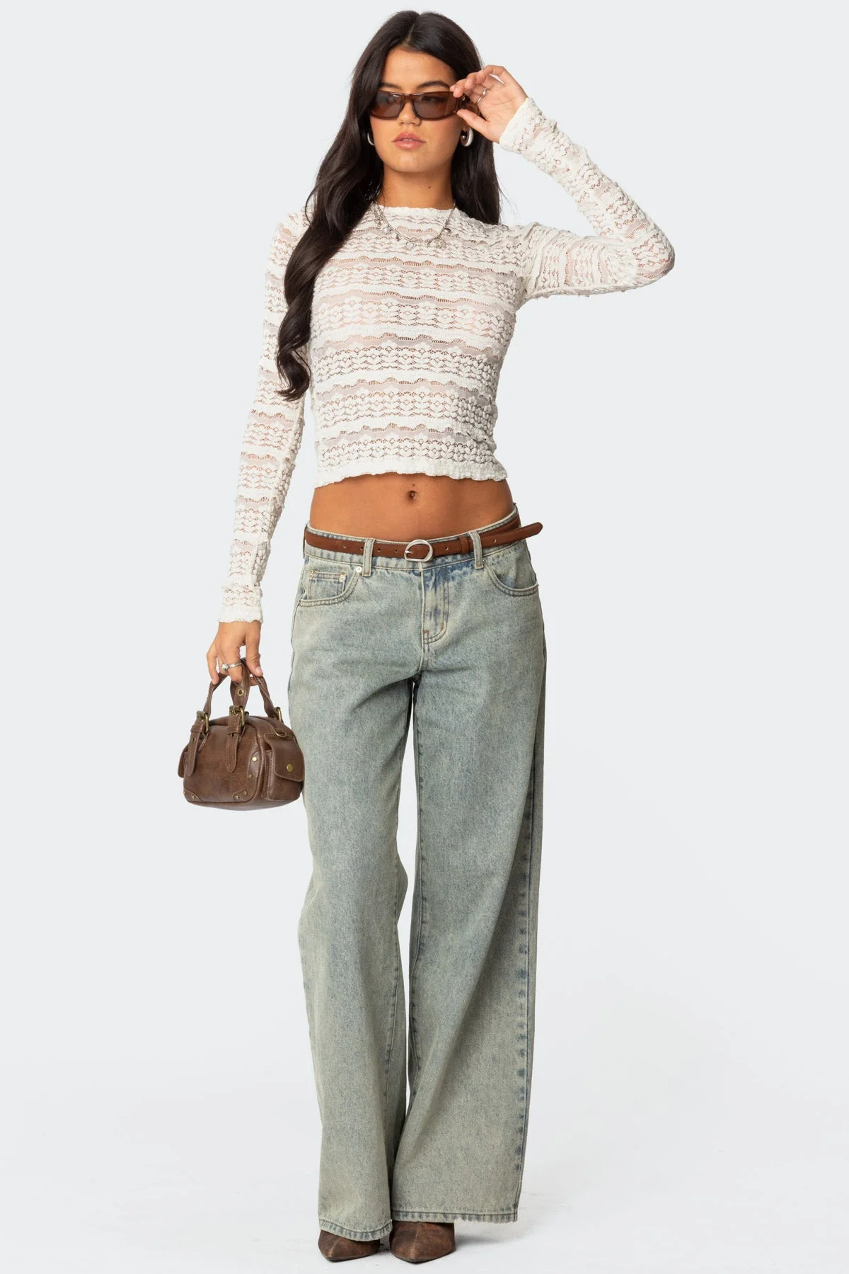 Textured Lace Sheer Top in Cream, Long Sleeve