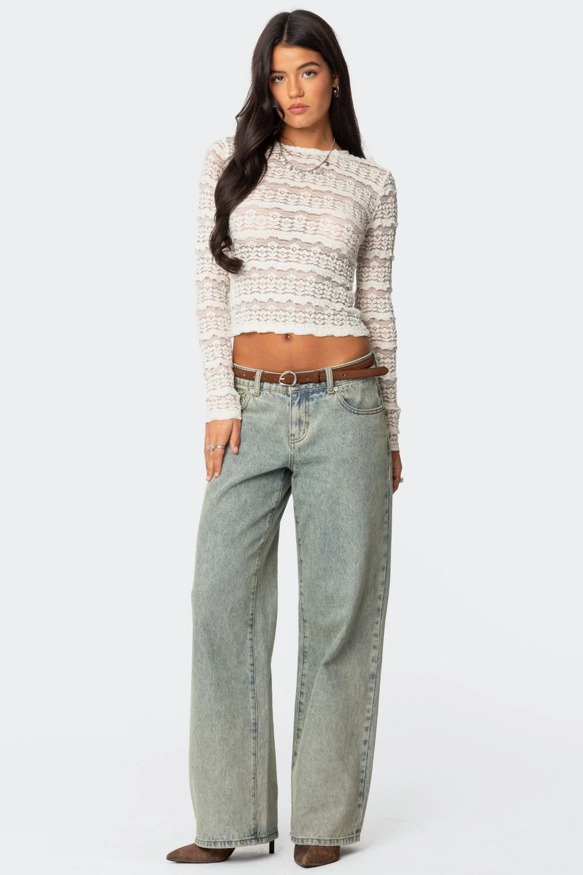 Textured Lace Sheer Top in Cream, Long Sleeve