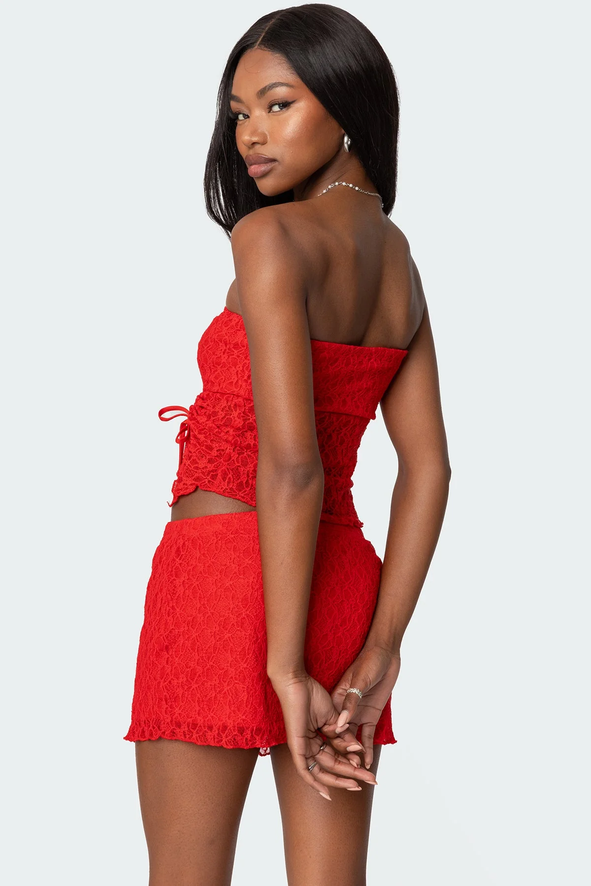 Red Textured Lace Asymmetric Tube Top