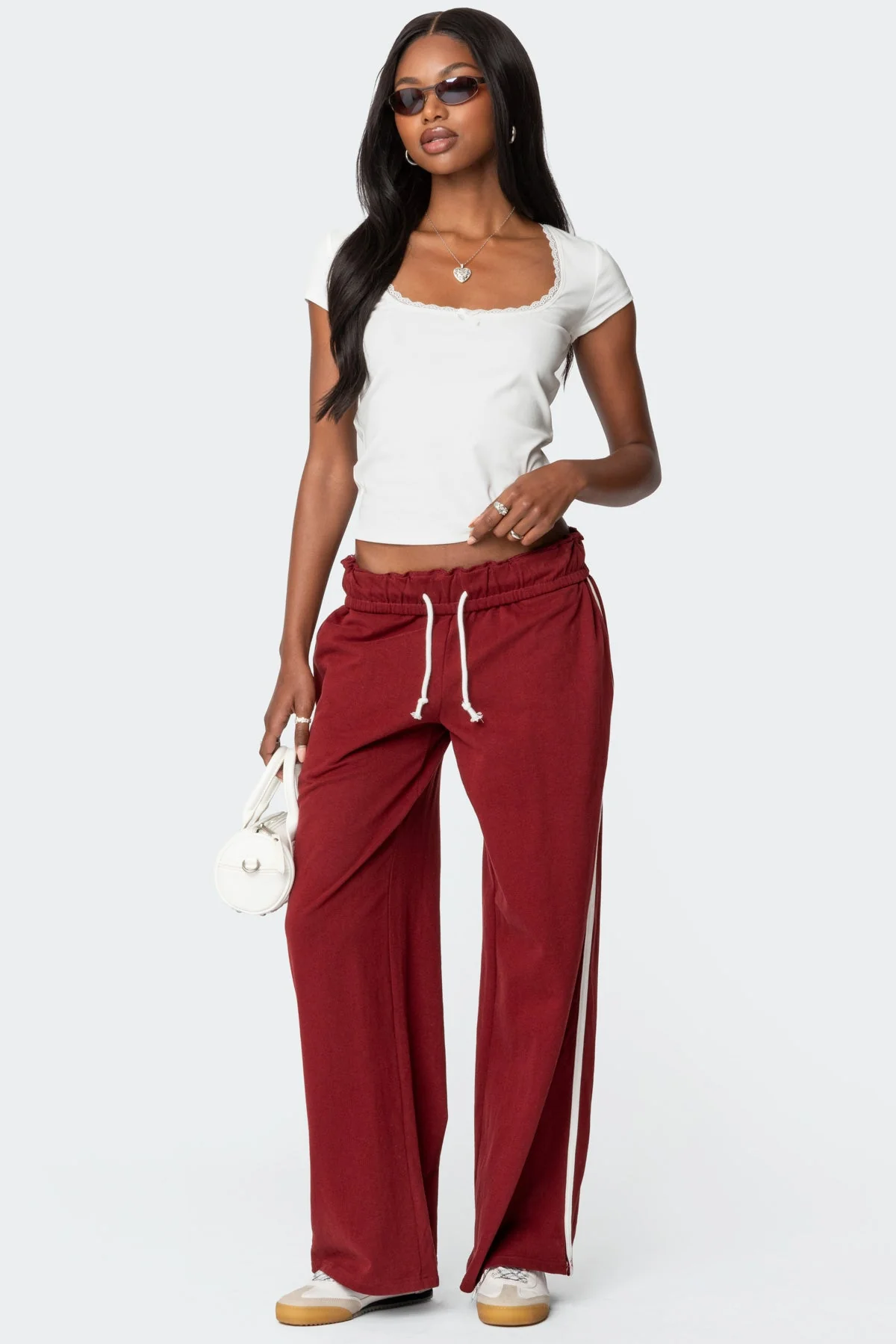 Burgundy Fold Over Sweatpants Womens Casual Lounge Pants