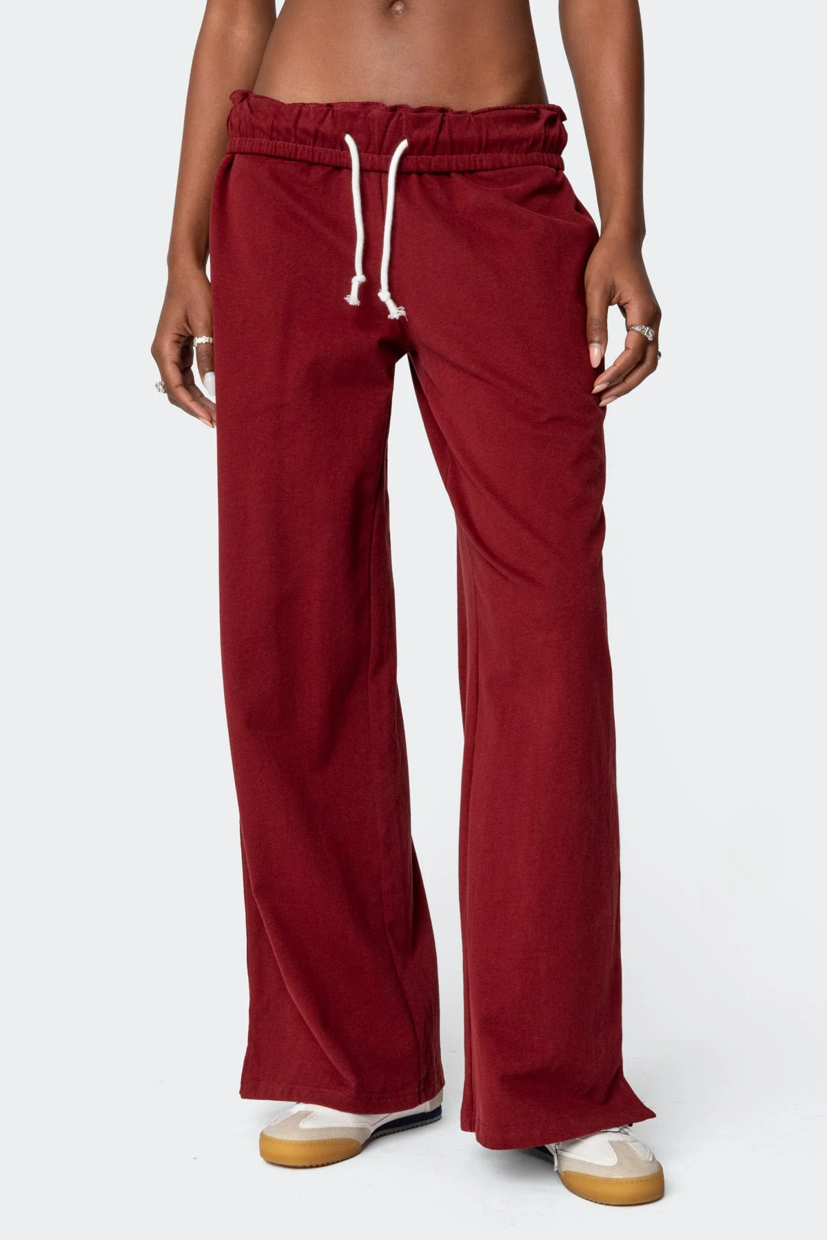 Burgundy Fold Over Sweatpants Womens Casual Lounge Pants