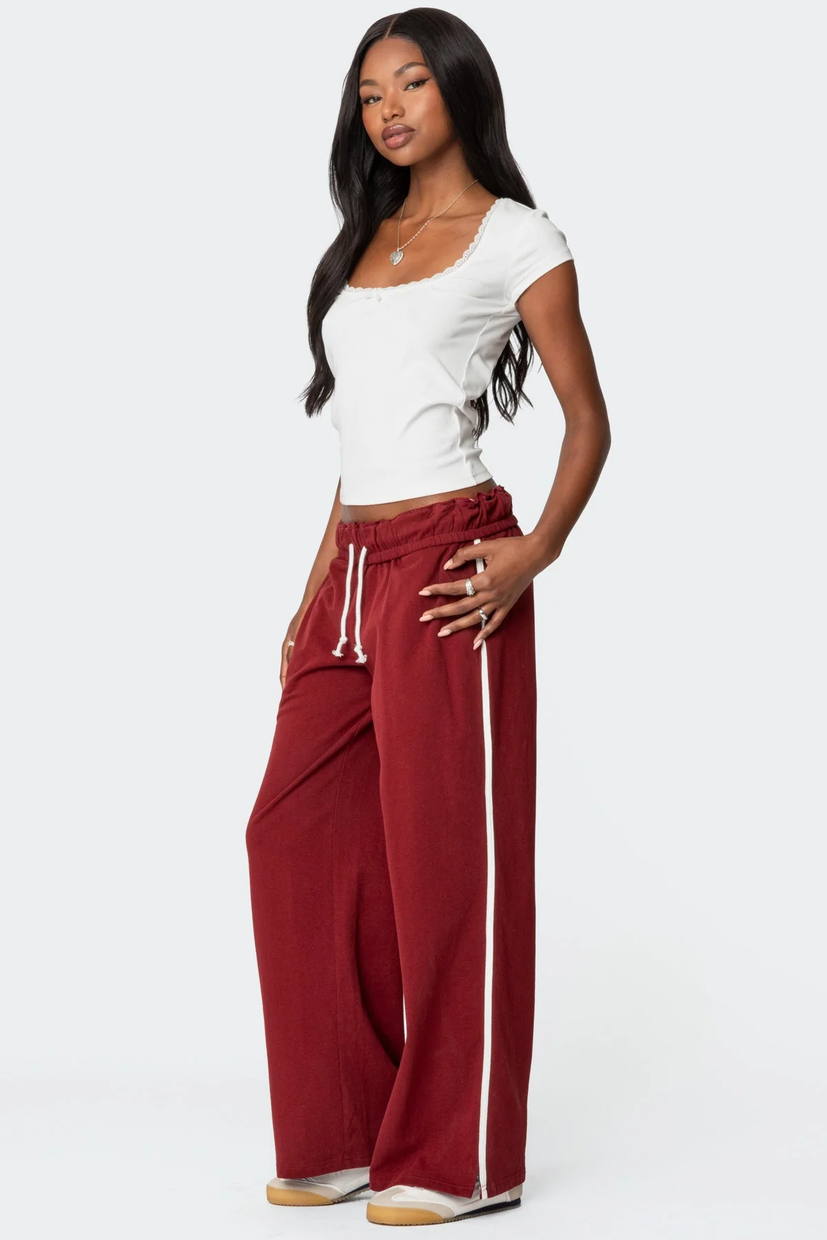 Burgundy Fold Over Sweatpants Womens Casual Lounge Pants