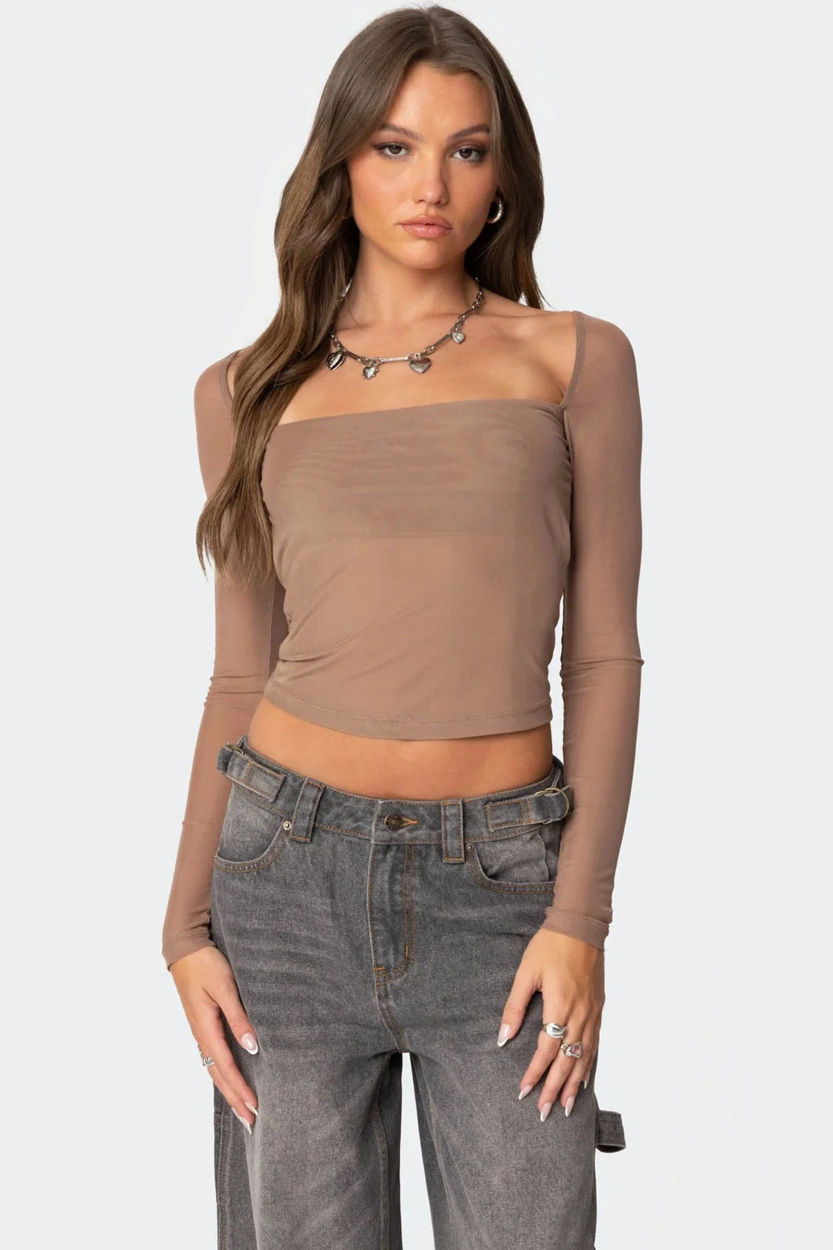 Brown Sheer Mesh Long Sleeve Top for Women