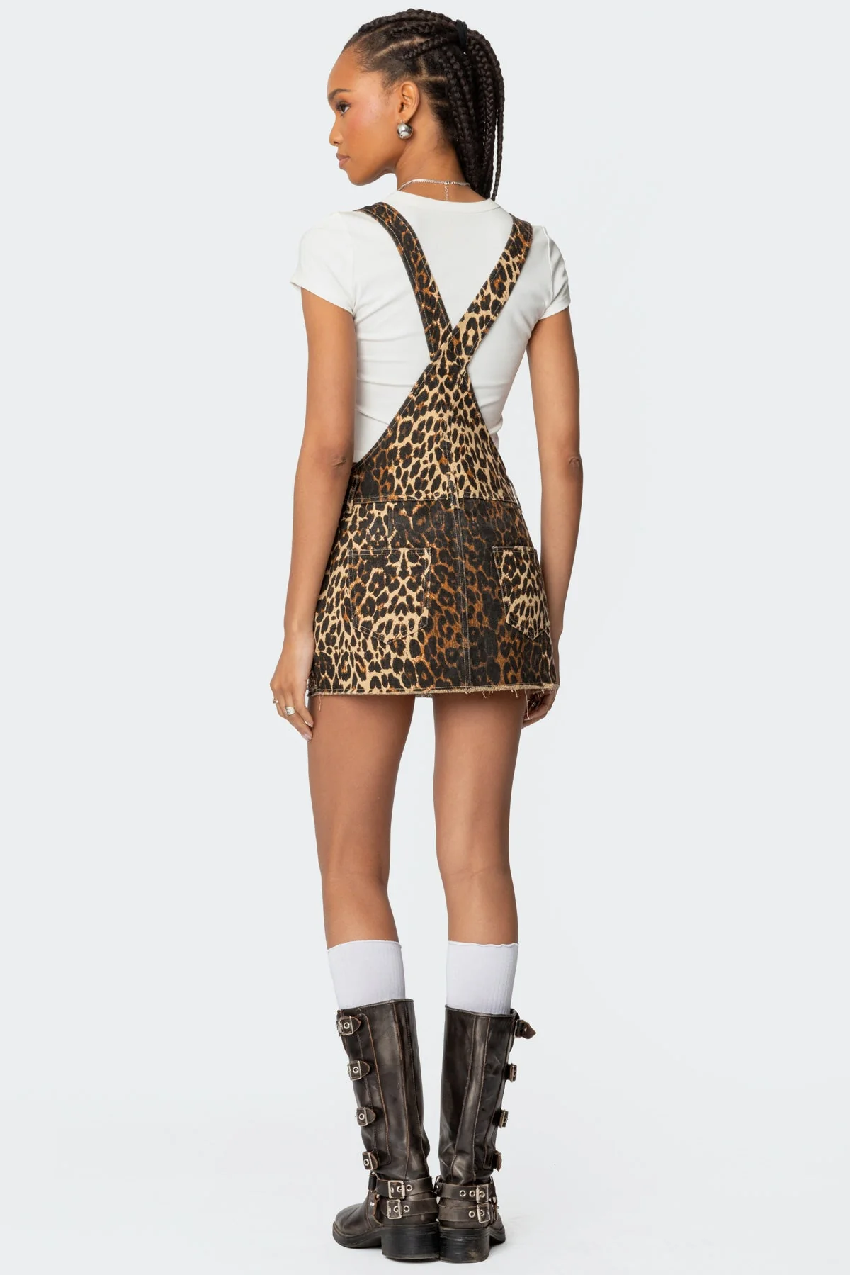 Leopard Denim Mini Dress with Adjustable Straps