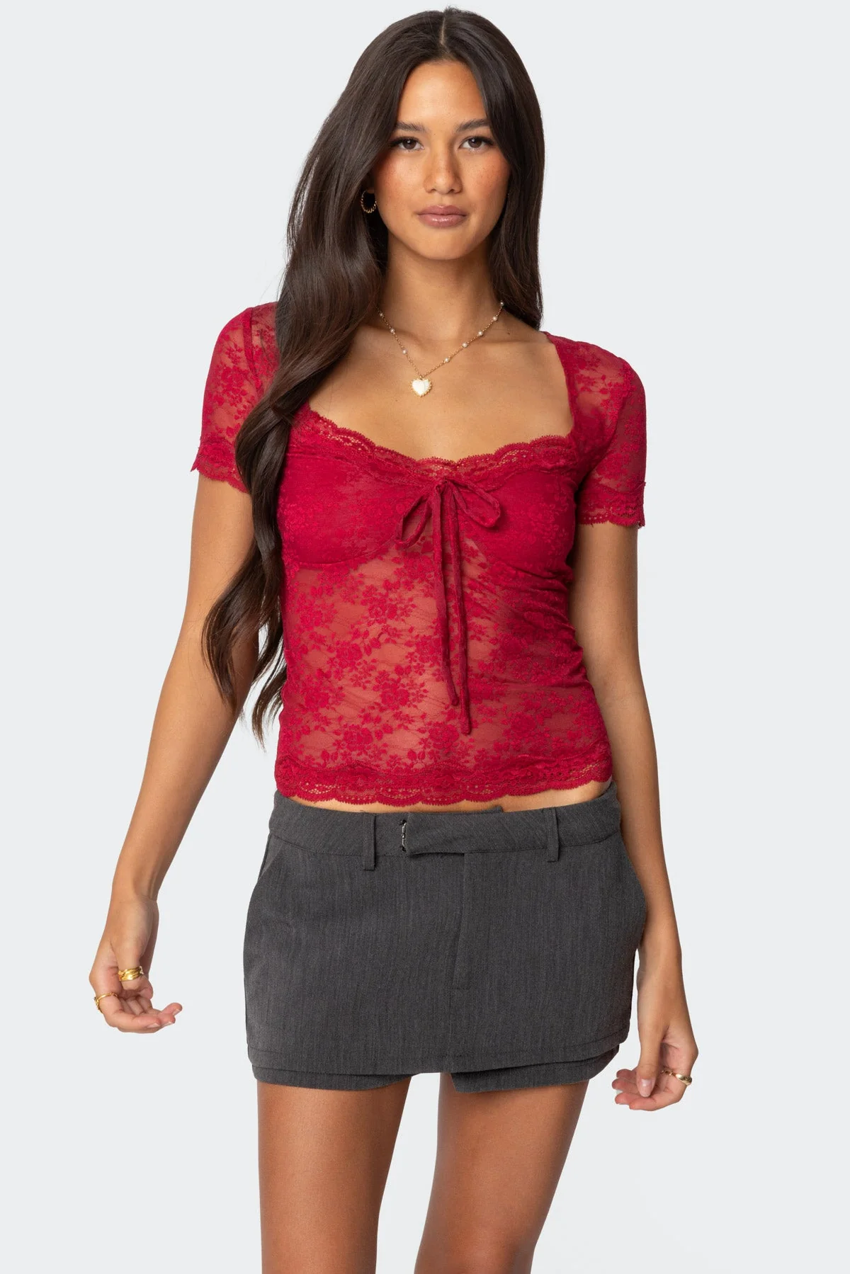 Burgundy Sheer Lace Top Womens Ribbon Detail