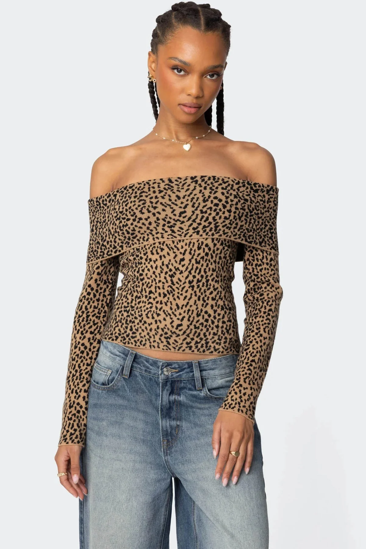 Leopard Print Knit Off Shoulder Sweater