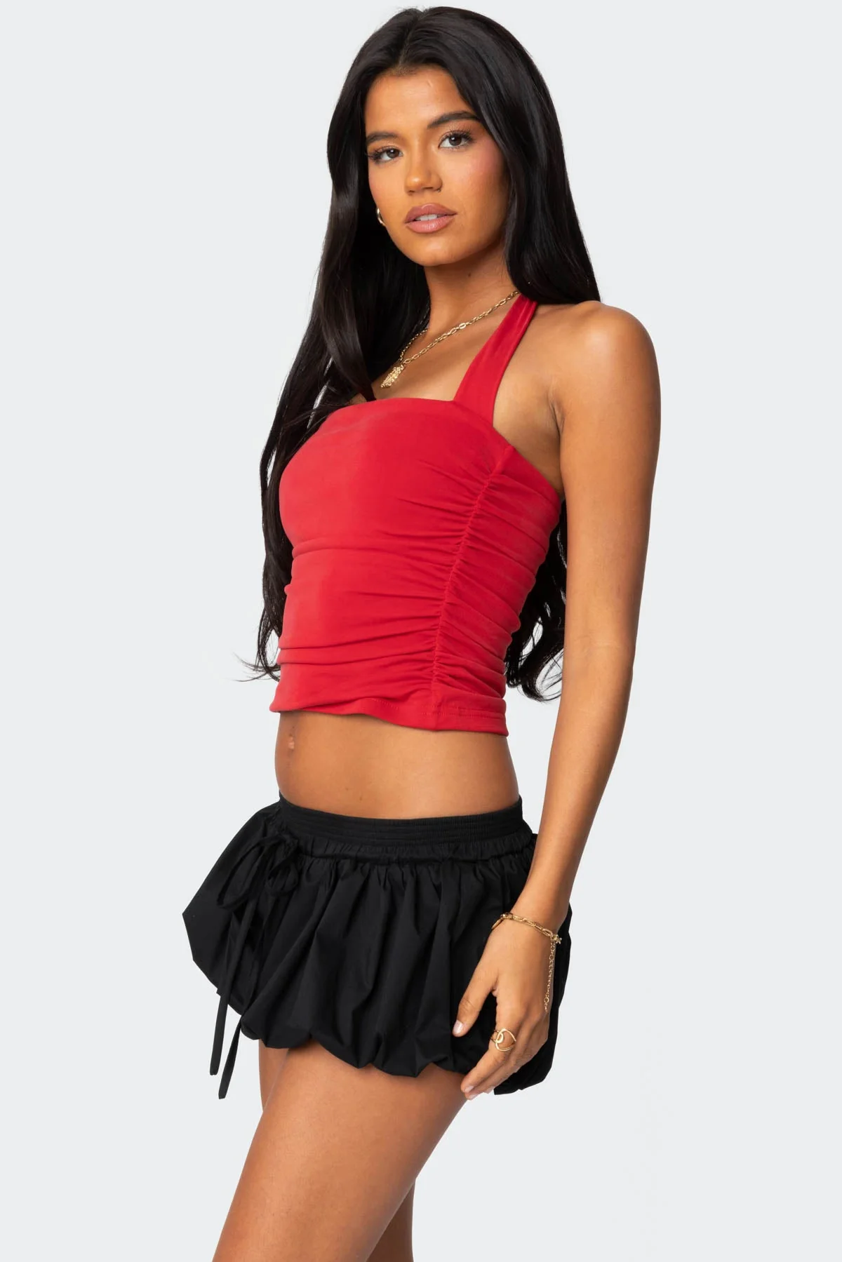 Red Halter Neckline Gathered Top