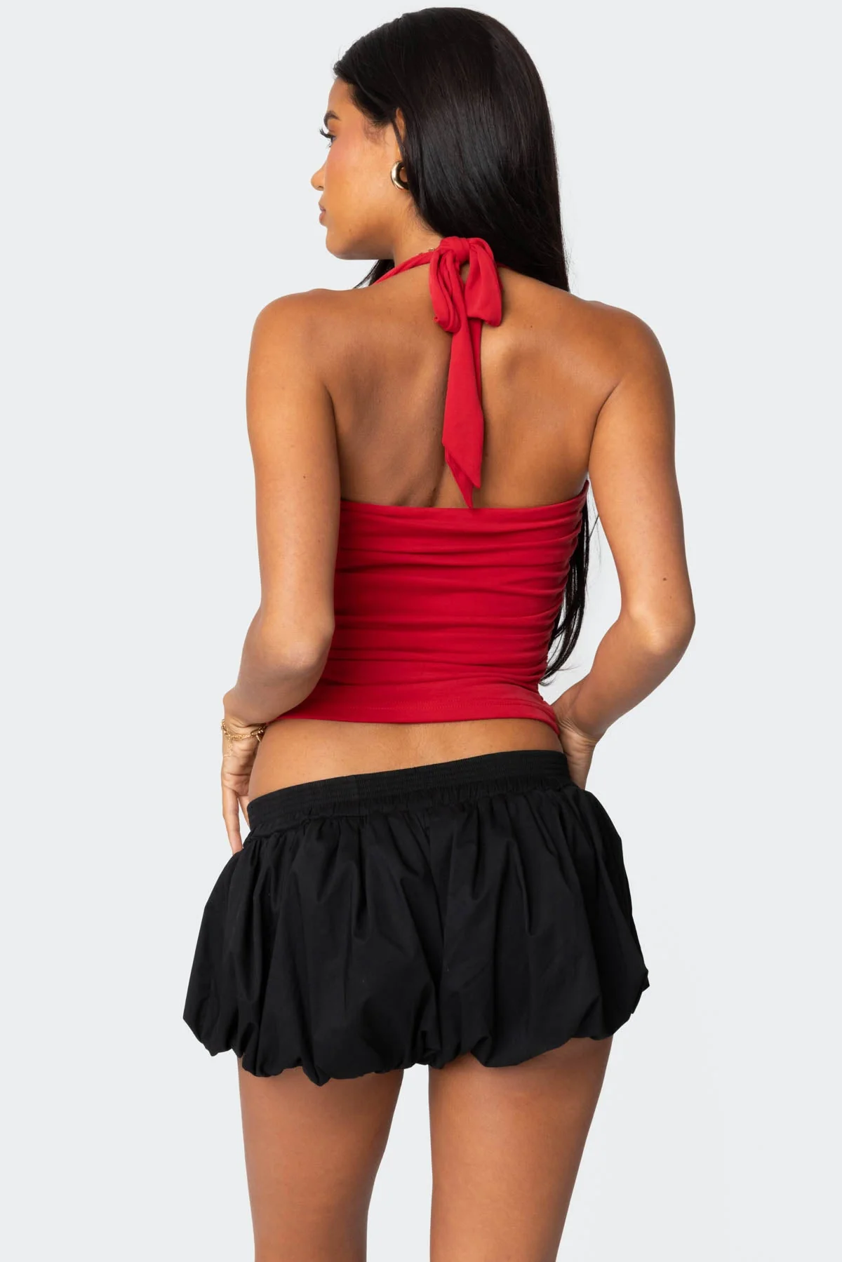 Red Halter Neckline Gathered Top