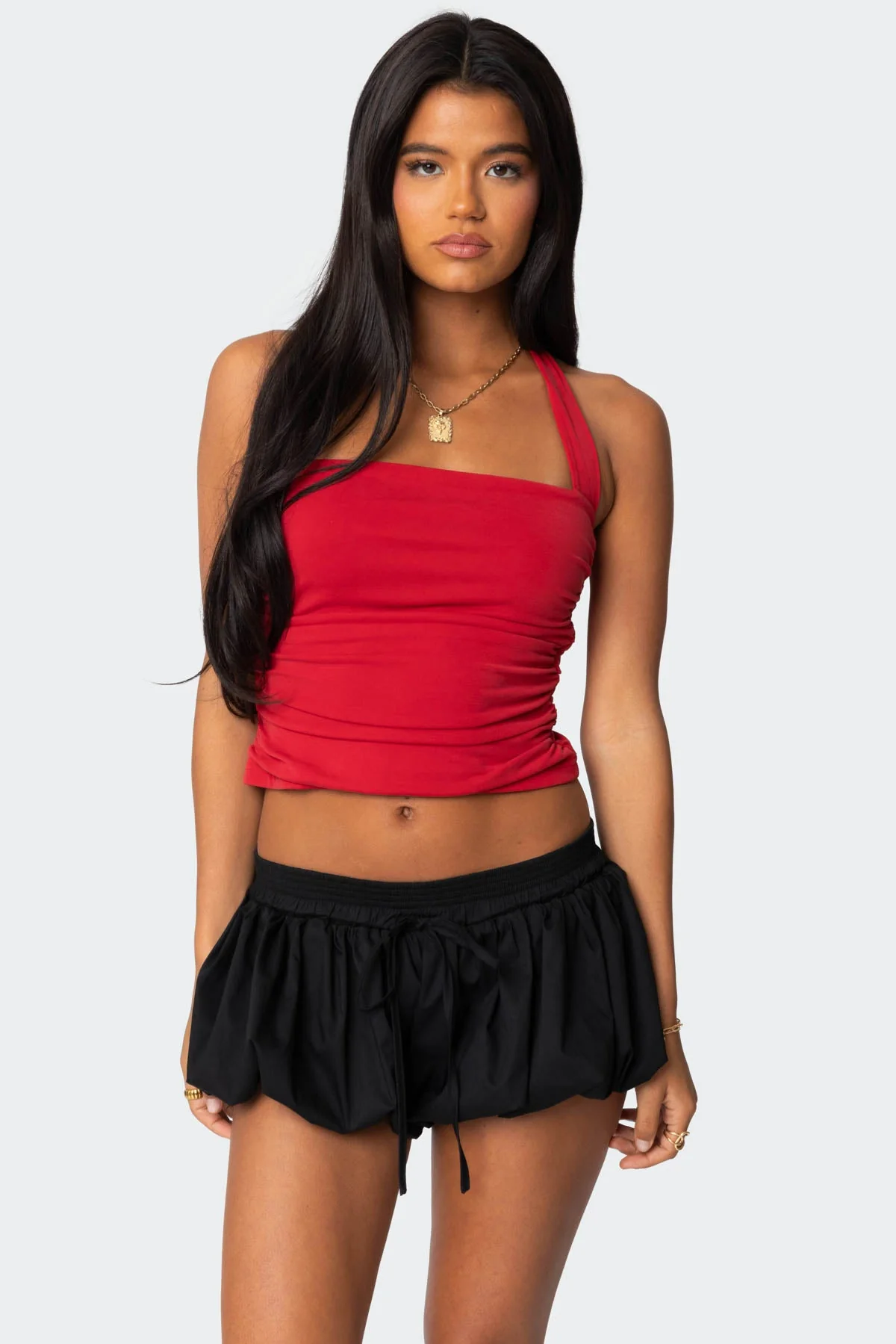 Red Halter Neckline Gathered Top