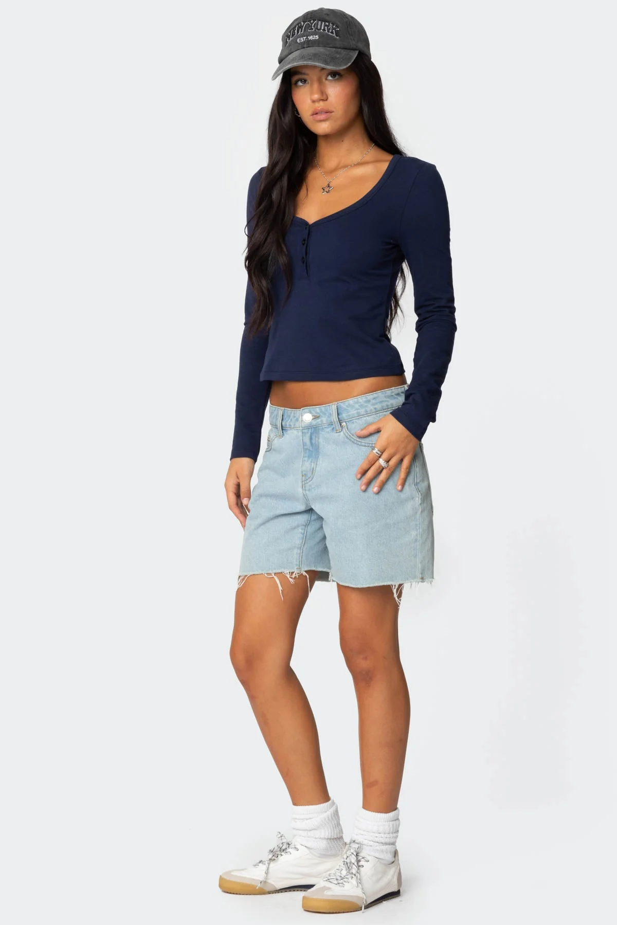 Navy Henley Long Sleeve Top Womens Cotton Blend