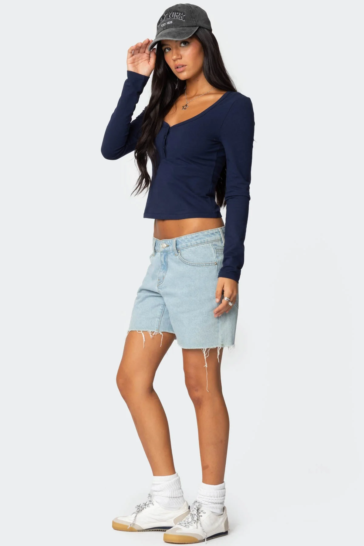 Navy Henley Long Sleeve Top Womens Cotton Blend