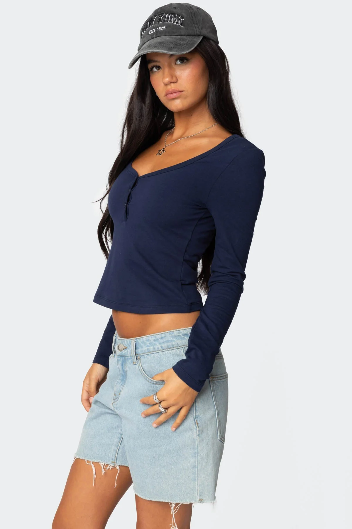 Navy Henley Long Sleeve Top Womens Cotton Blend
