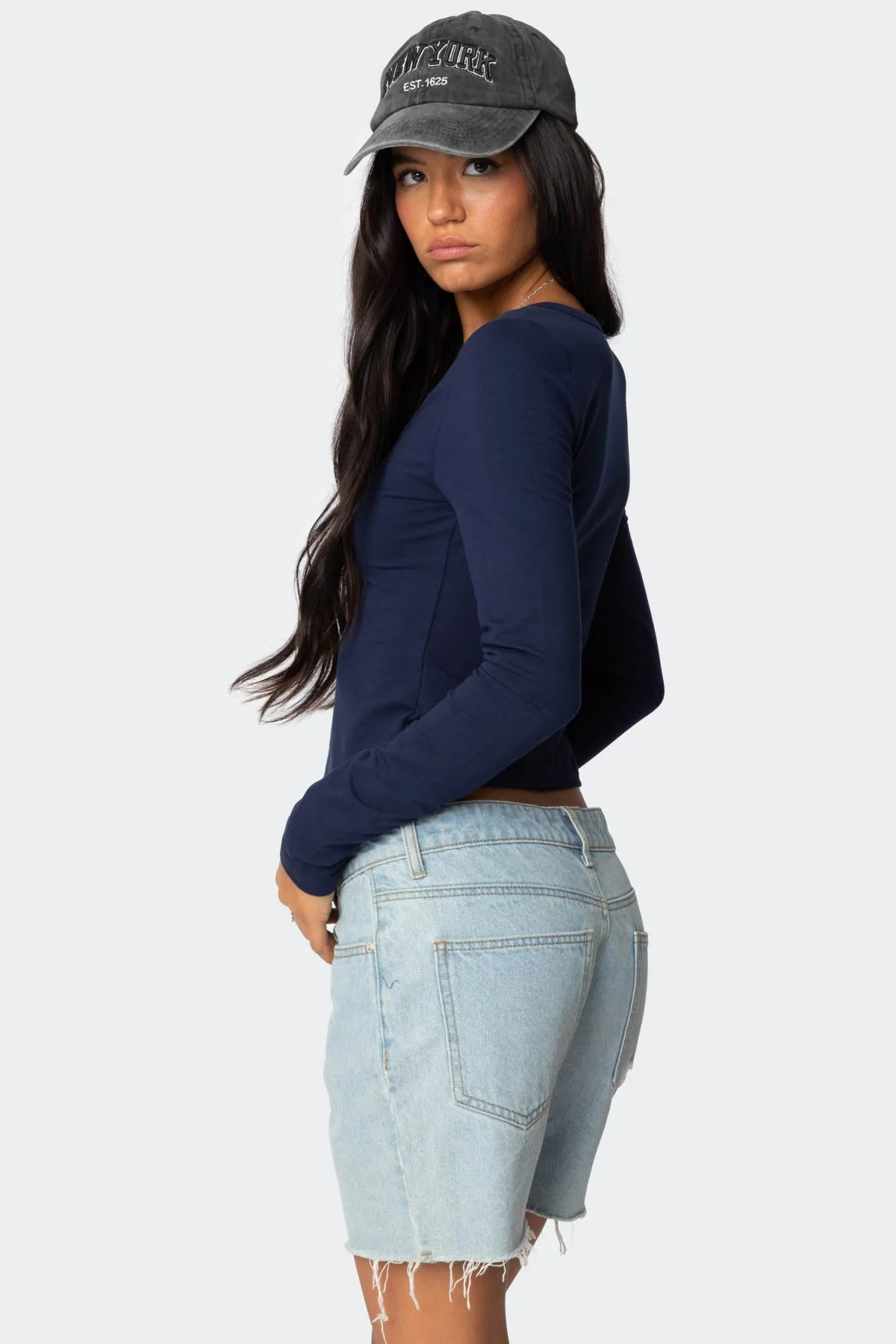 Navy Henley Long Sleeve Top Womens Cotton Blend
