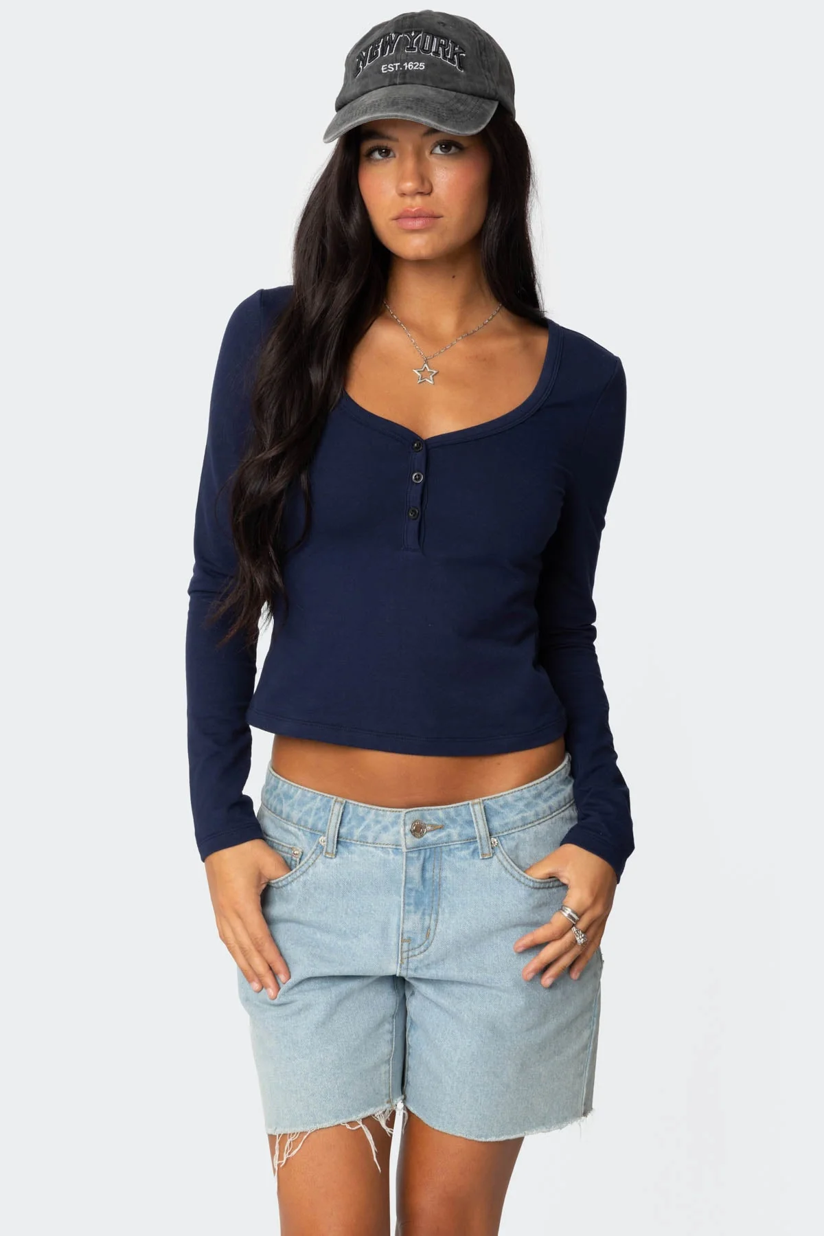Navy Henley Long Sleeve Top Womens Cotton Blend