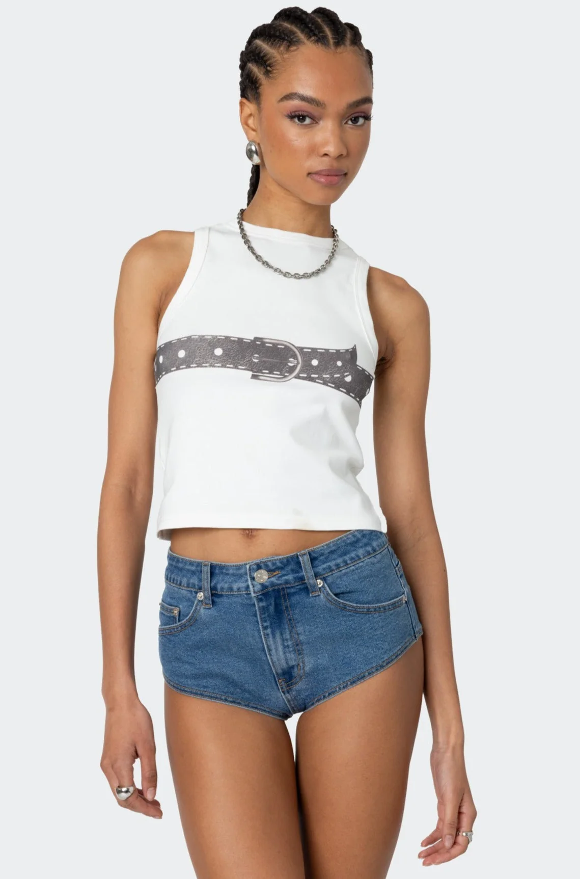 White High-Neck Graphic Print Tank Top for Women