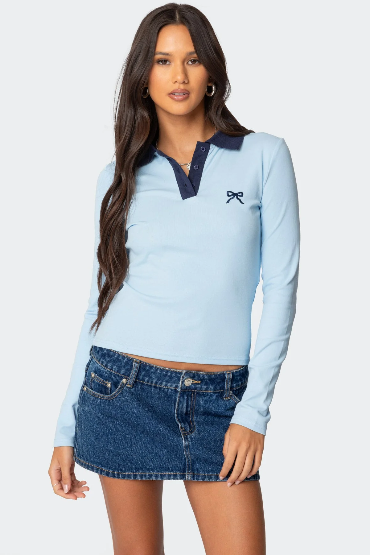 Light Blue Contrast Bow T-Shirt